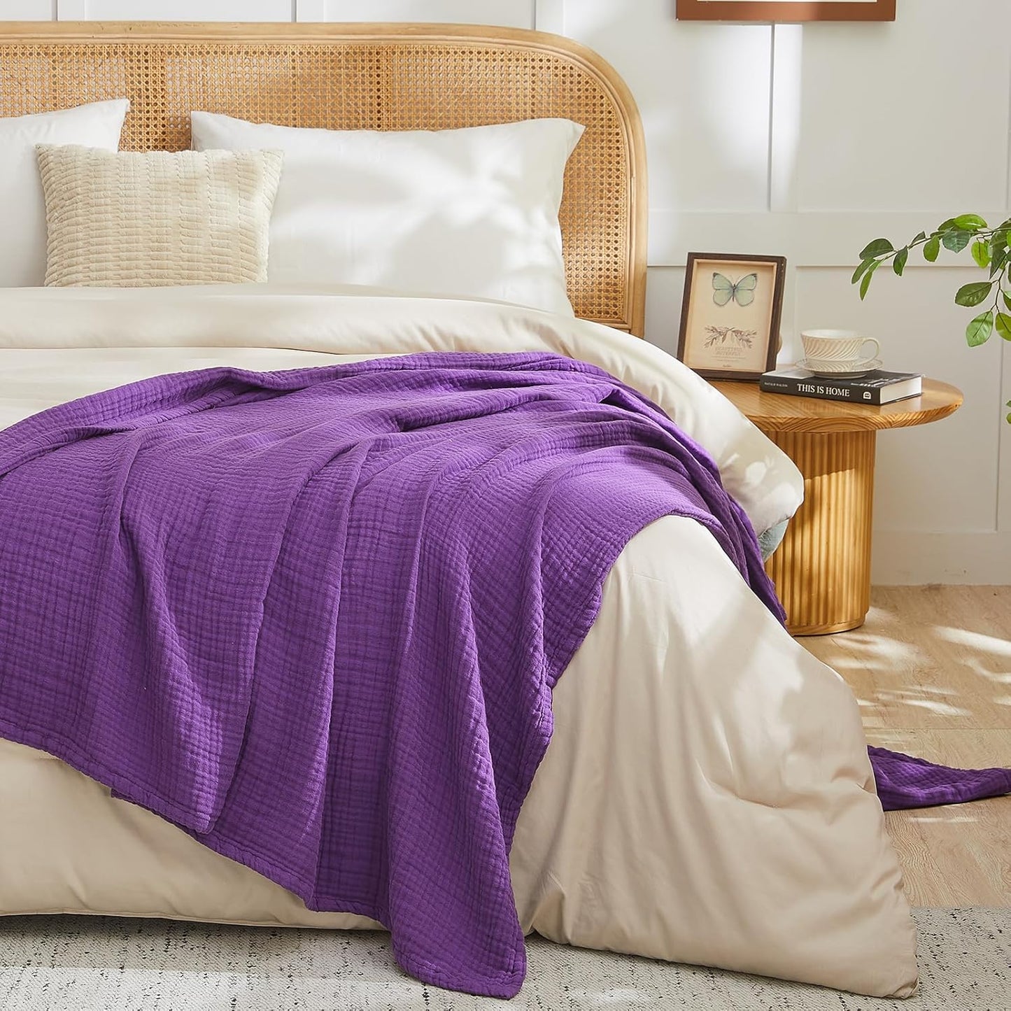 EMME Cotton Muslin Queen Blanket Bed Layering Breathable Gauze Blanket Soft Lightweight Blankets Adults (Purple, 90"x90")