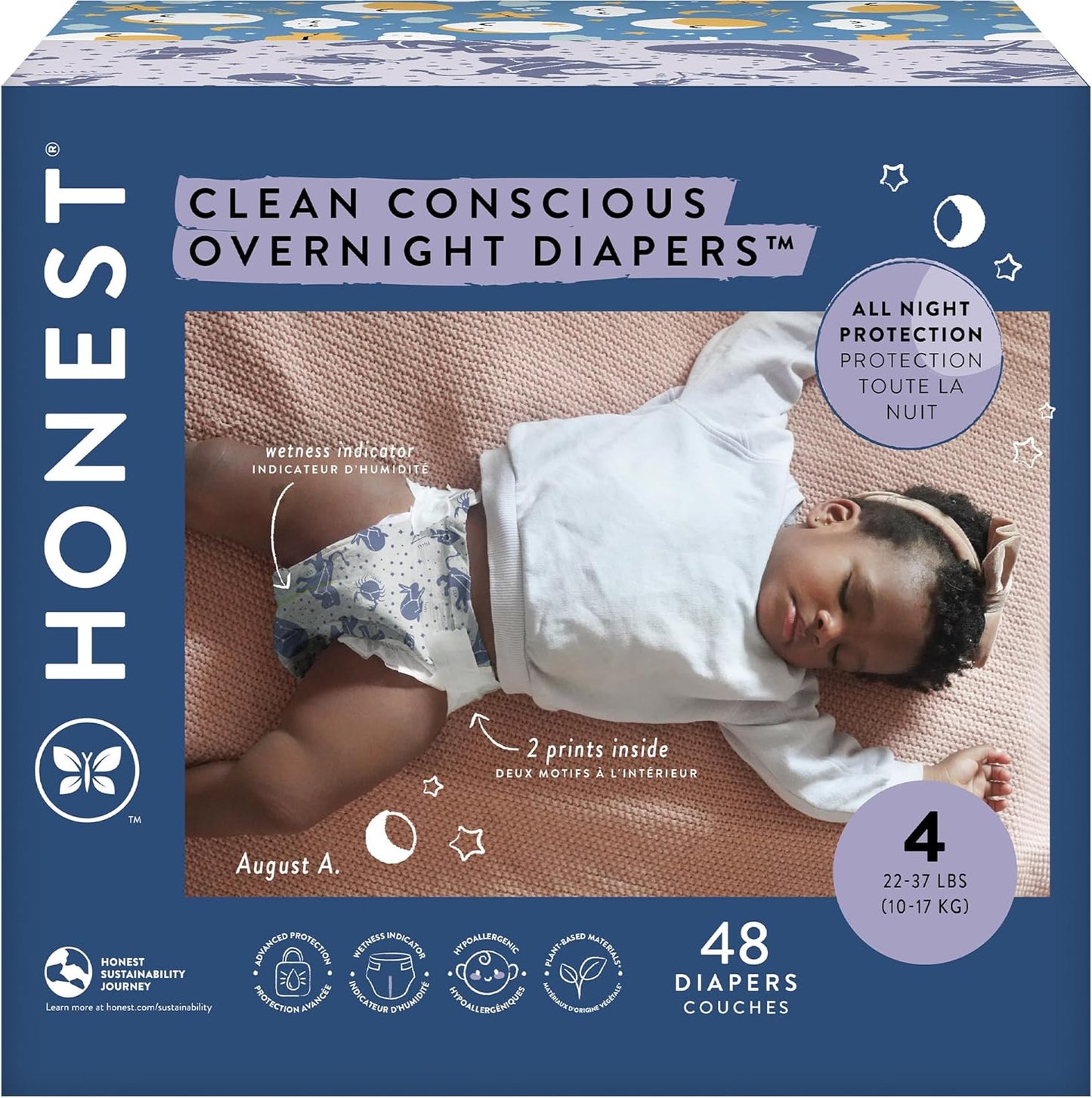 The Honest Company Clean Conscious Overnight Diapers for Sensitive Skin | Hypoallergenic, Fragrance Free | Cozy Cloud + Star Signs | Club Box, Size 4 (22-37 lbs), 48 Count