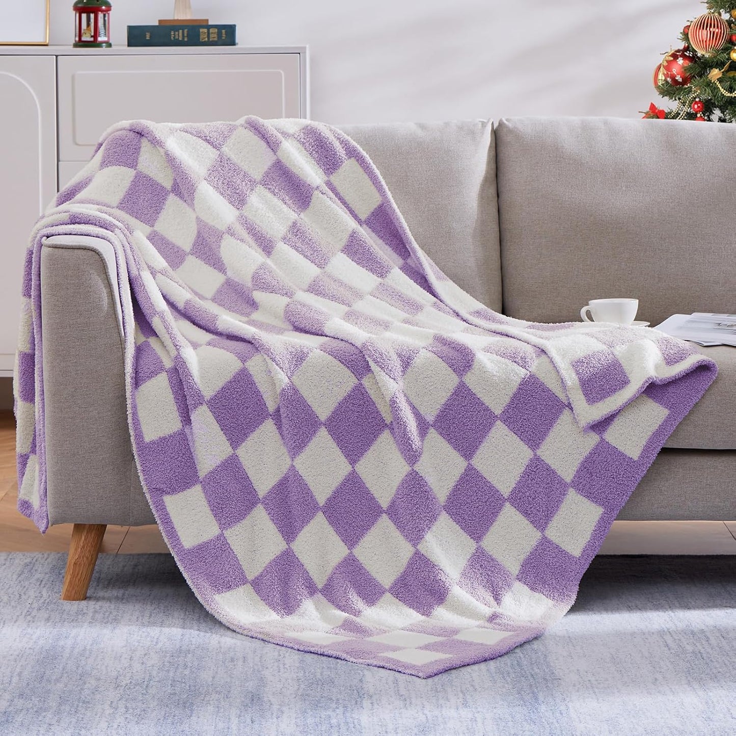 WRENSONGE Checkered Throw Blanket, Purple Soft Cozy Fluffy Warm Hand Made Throw Blankets for Couch, Sofa, Chair, Bed, Camping, Picnic, Travel Lightweight Bed Blanket - 60"*80"
