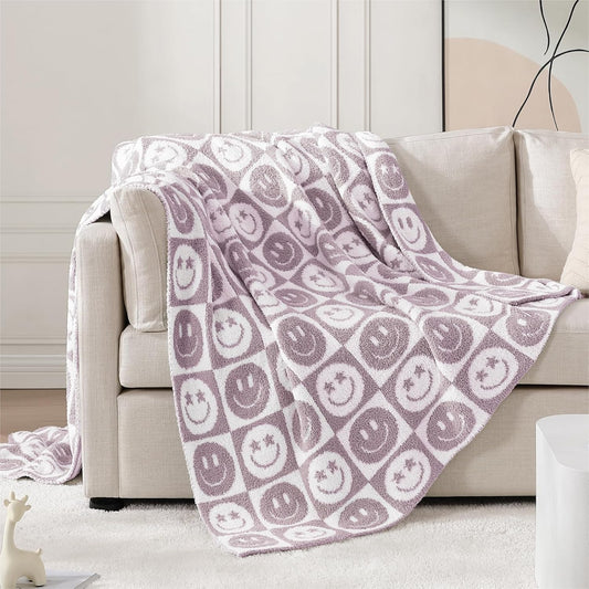 WRENSONGE Checkered Throw Blanket Lilac Smiling Face Soft Cozy Fluffy Warm Hand Made Throw Blankets for Couch, Sofa, Chair, Bed, Camping, Picnic, Travel Lightweight Bed Blanket - 50"*60"