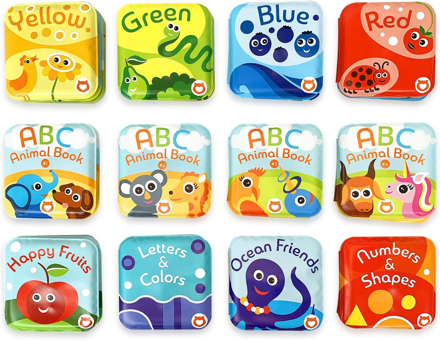 Super Bath Book Set of 12 (Fruits, Ocean Friends, ABC, Numbers Books; Color Recognition Bath Books Including Yellow, Green, Red and Blue Color Topics, ABC Animal Bath Books.