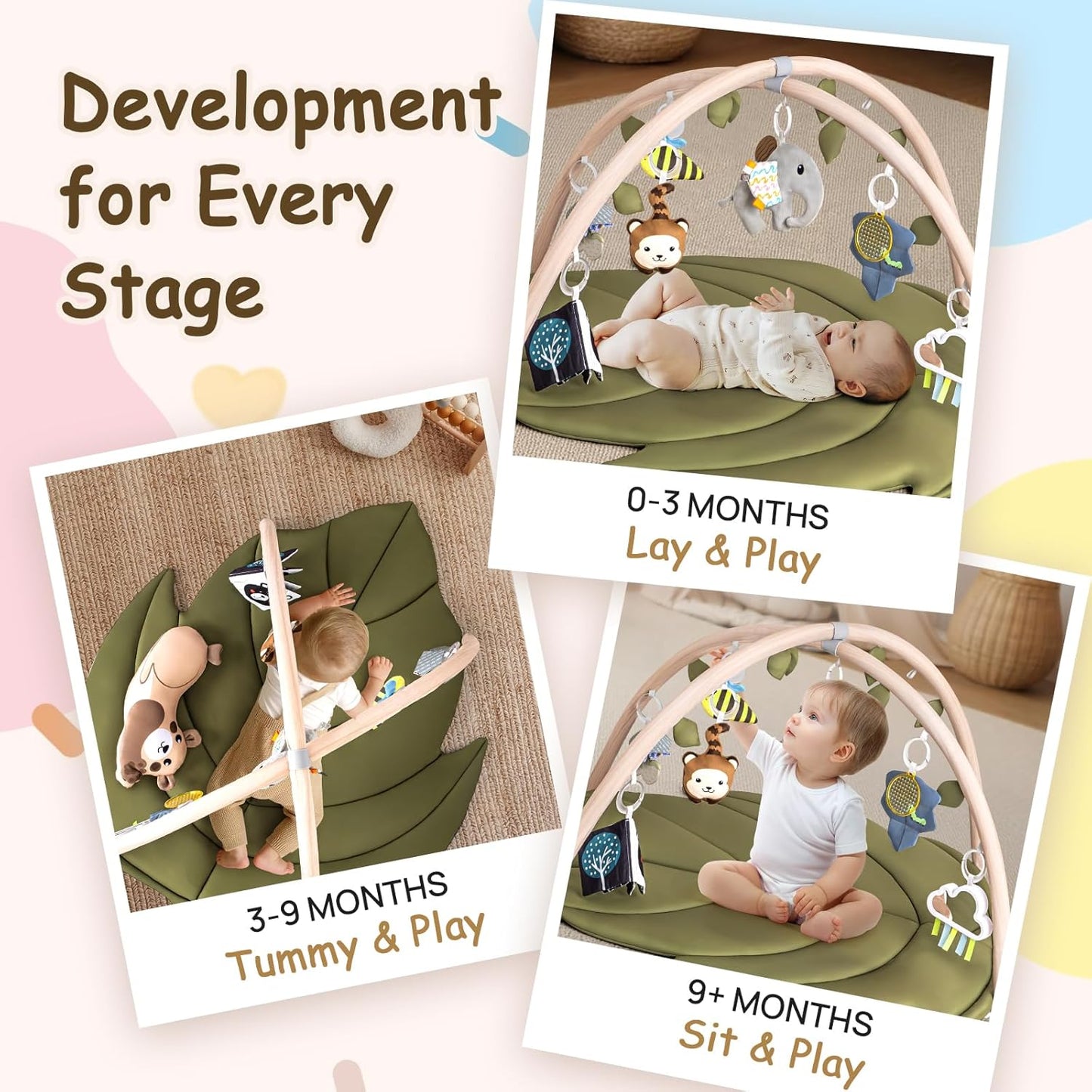 Infant Activity Center for Newborn to Develop Motor Cognition Leaves Leaf-Shaped Baby Play Gym & Activity Mat Extra Large Tummy Time Mat with 8 Detachable Toys
