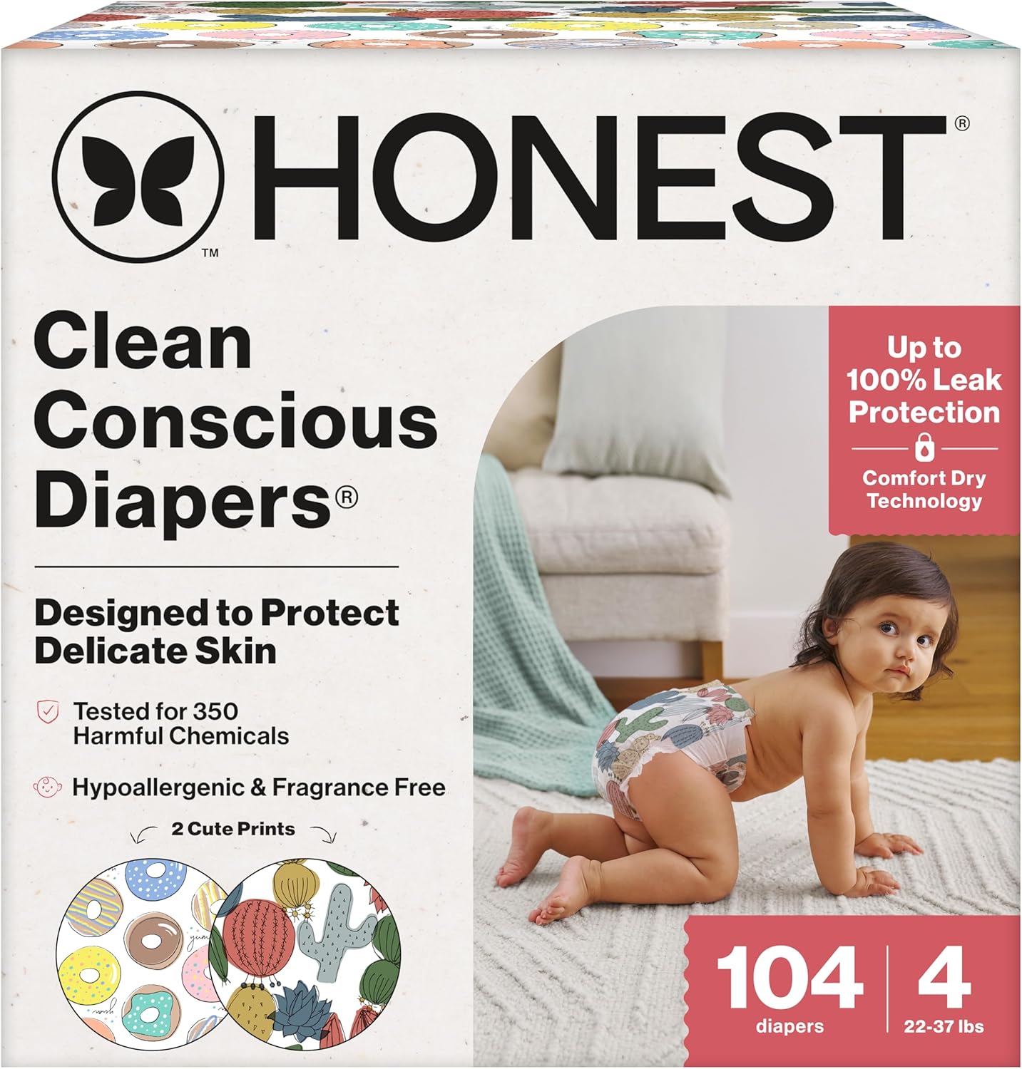 The Honest Company Clean Conscious Diapers for Delicate Skin | Up to 100% Leakproof | Hypoallergenic, Fragrance Free | Gender Neutral | Super Club Box, Size 4 (22-37 lbs), 104 Count (Prints May Vary)
