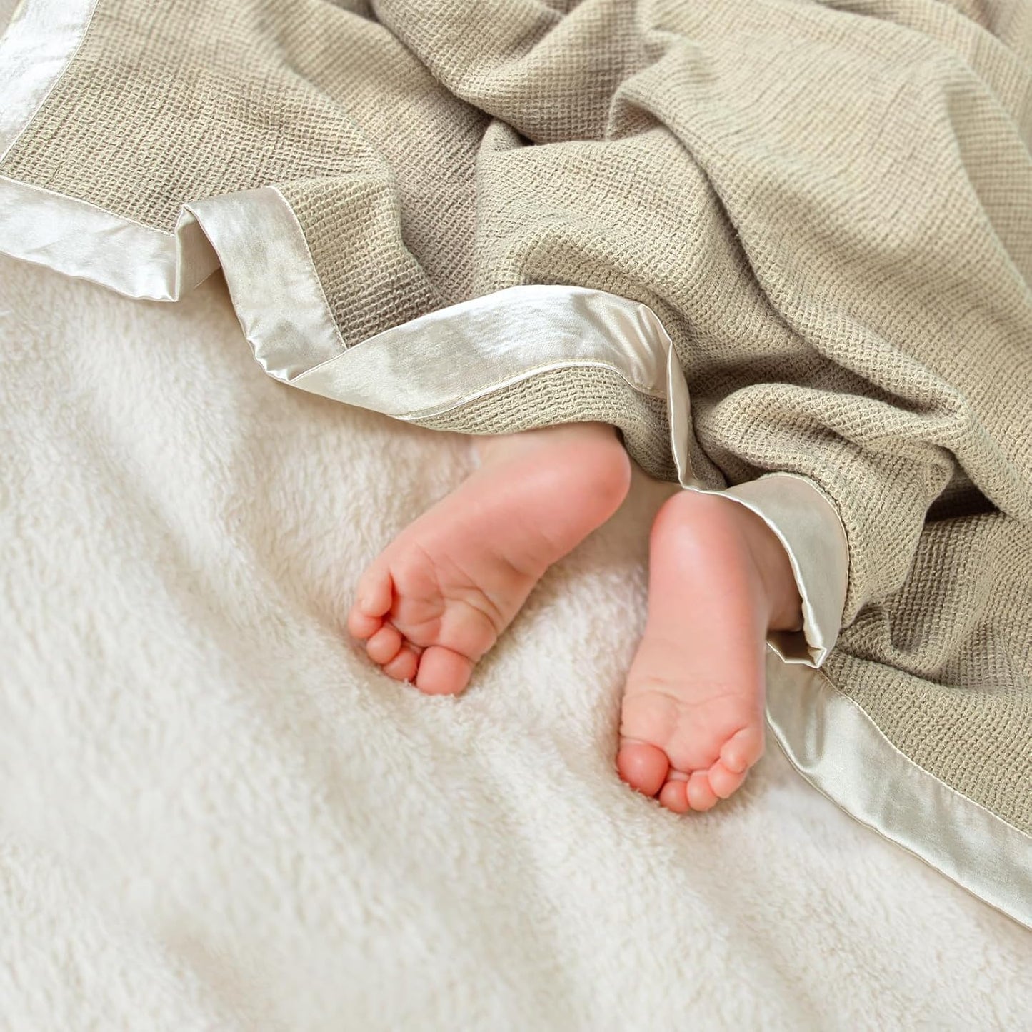 lulumoon Swaddle Baby Blanket: Waffle Blanket with Satin Trim - Soft Breathable Toddler Blankets Perfect for Nursing Cover and Playtime - Cotton Crib Quilt for Daytime Naps 40"x36"(Oat)