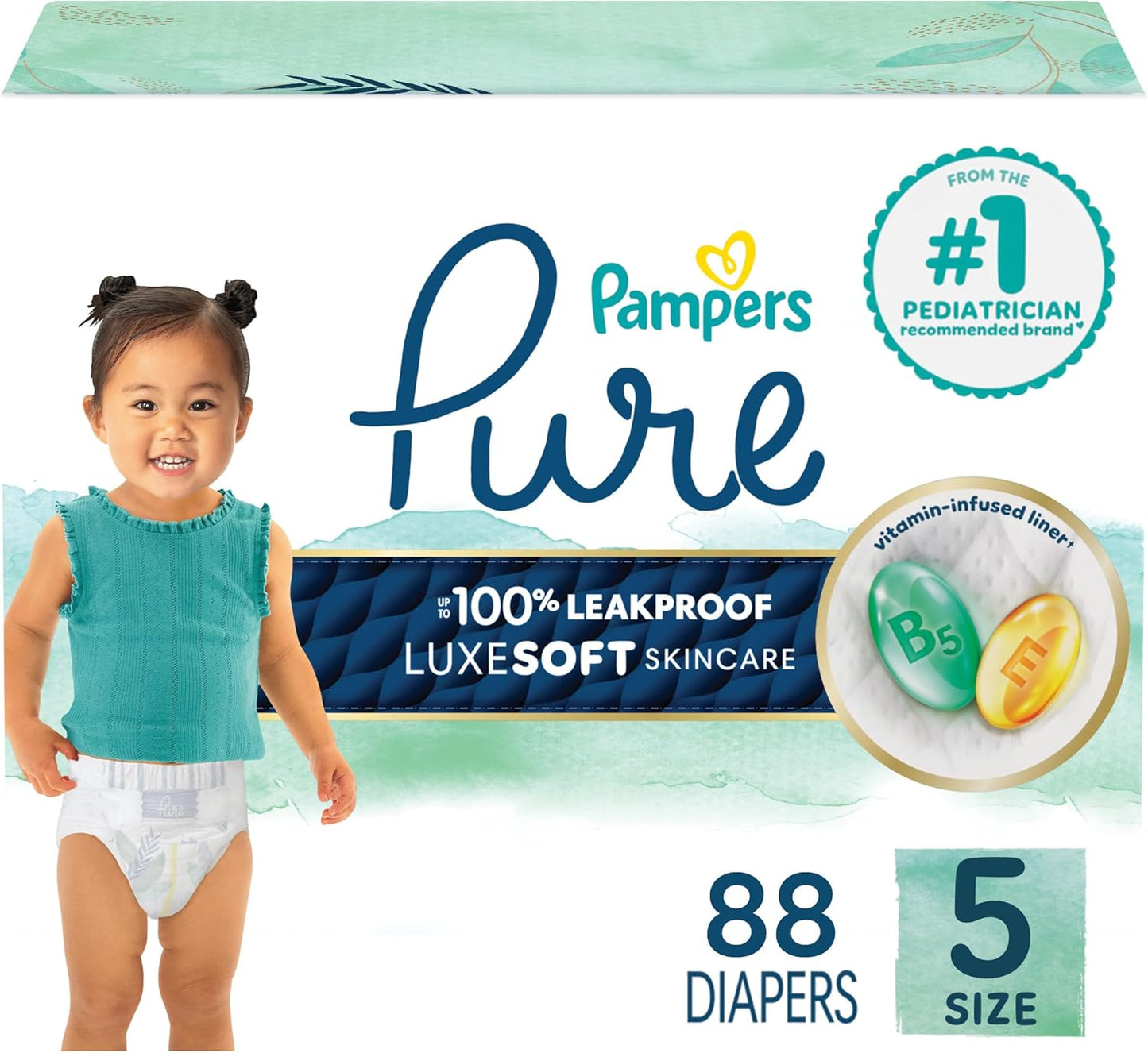 Pampers Baby Diapers - Pure Protection - Size 2, 120 Count, for up to 100% Leakproof, Premium Plant-based Skin Protection