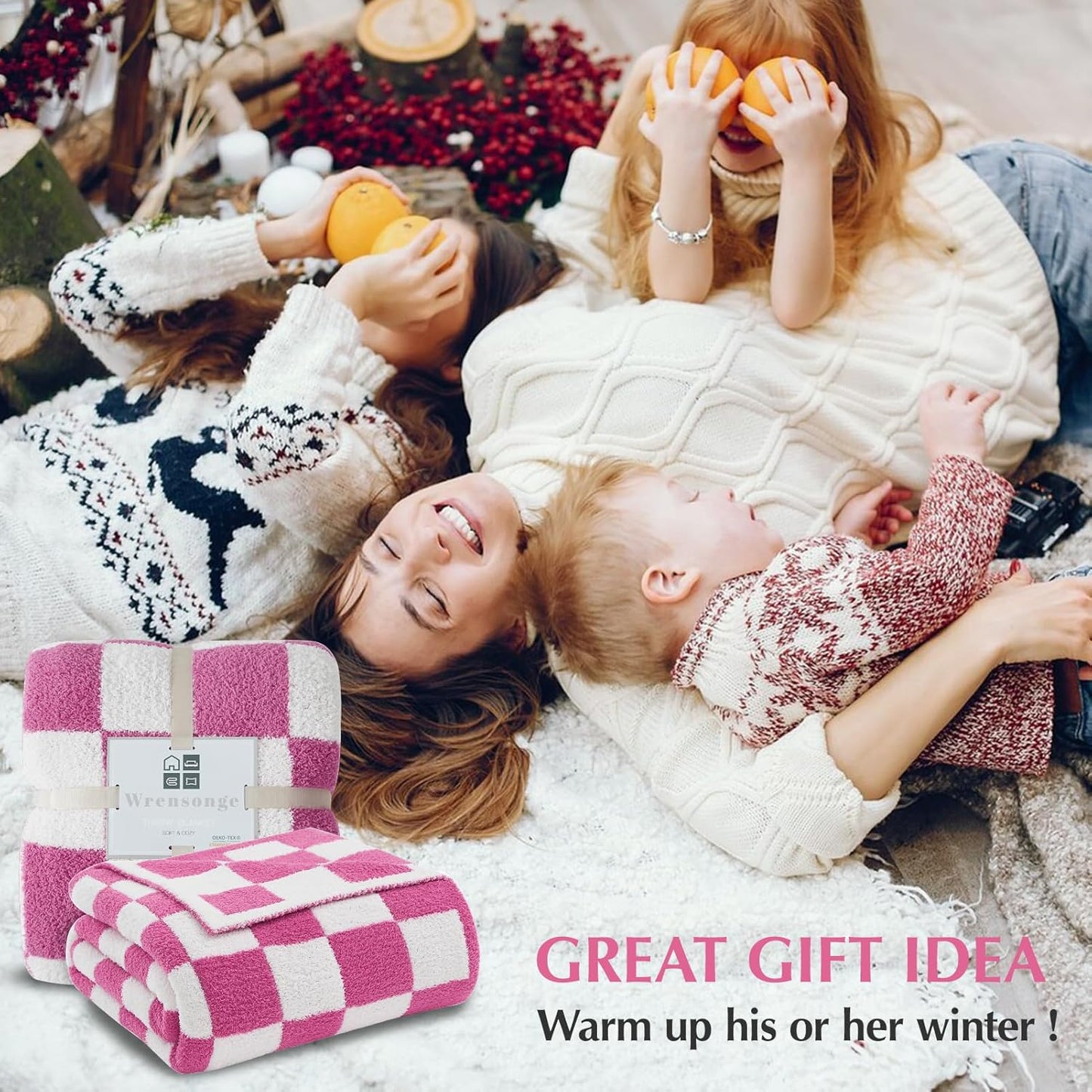 WRENSONGE Checkered Throw Blanket, Hot Pink Soft Cozy Fluffy Warm Hand Made Throw Blankets for Couch, Sofa, Chair, Bed, Camping, Picnic, Travel Lightweight Bed Blanket - 60"*80"