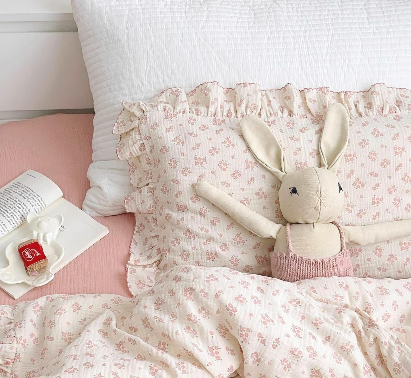 BuLuTu Cotton Muslin Kids Toddler Pillowcase Standard Size, Shabby Chic Galsang Flowers Print, Soft Travel Pillow Case Ruffle Edge Nursery Pillowcases, Boys Girls Bedding Decor, Machine Washable