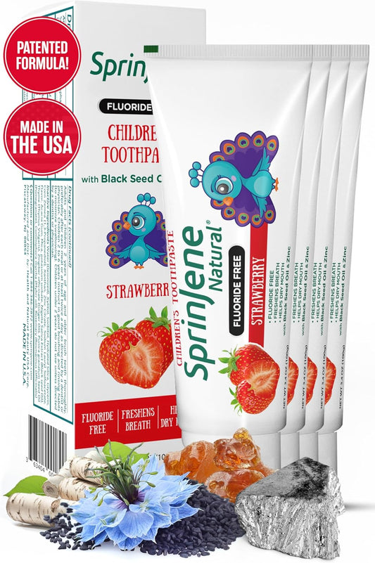 SprinJene Natural Kids Toothpaste, Strawberry | Natural Children’s Toothpaste | Fluoride Free Toothpaste for Toddlers | 4 Pack
