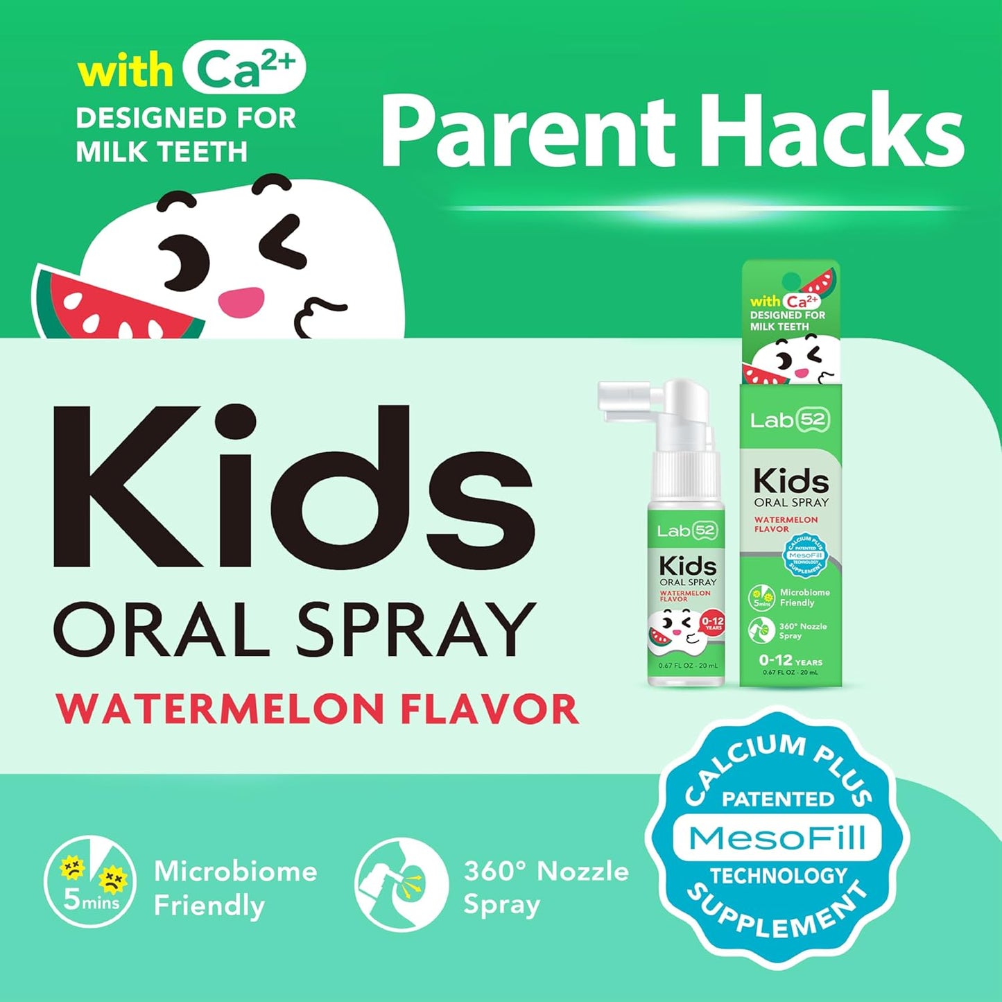 LAB52 Kids Oral Spray, Toddler Toothpaste Helper for Daily Oral Care and Fresh Breath, Children Approved with Fluoride Free for Newborn to Preschoolers, Xylitol Watermelon Flavor