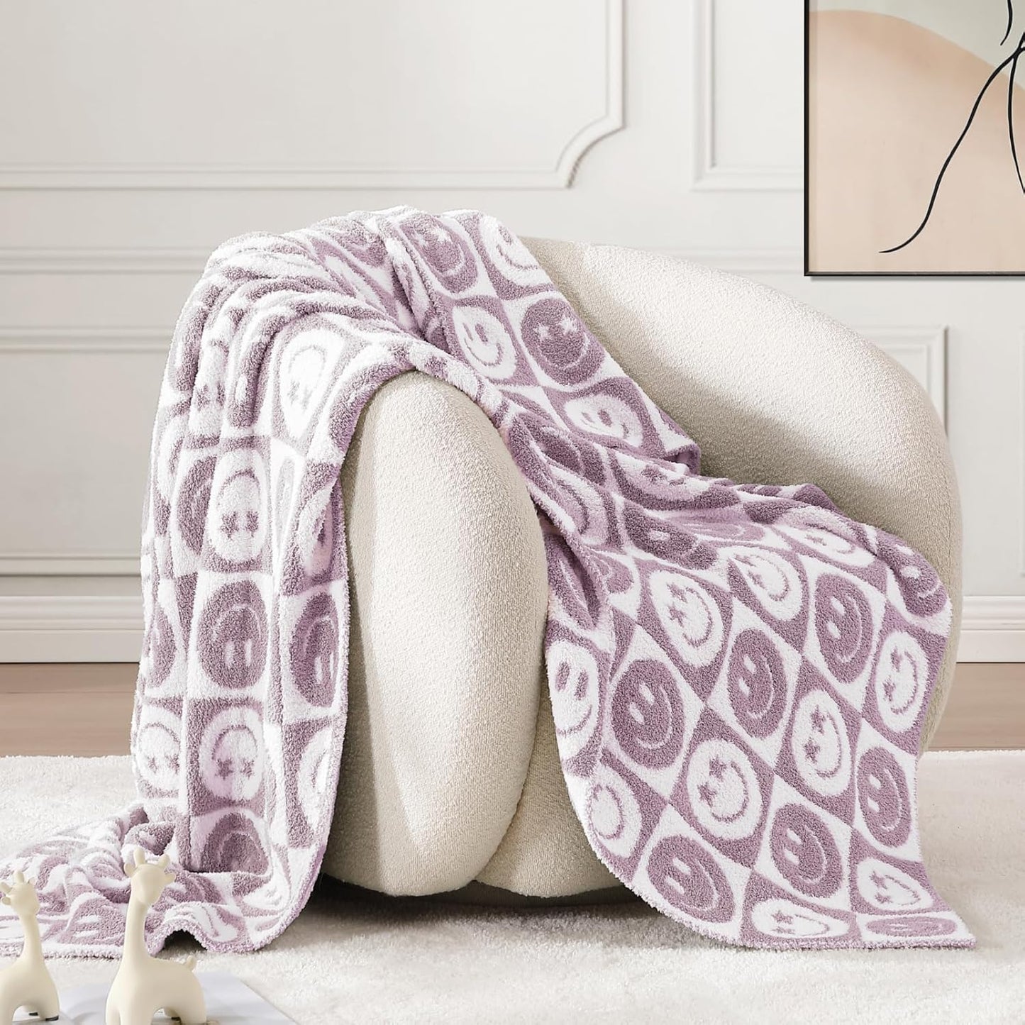 WRENSONGE Checkered Throw Blanket Lilac Smiling Face Soft Cozy Fluffy Warm Hand Made Weave Throw Blankets for Couch, Sofa, Chair, Bed, Camping, Picnic, Travel Lightweight Bed Blanket - 60"*80"