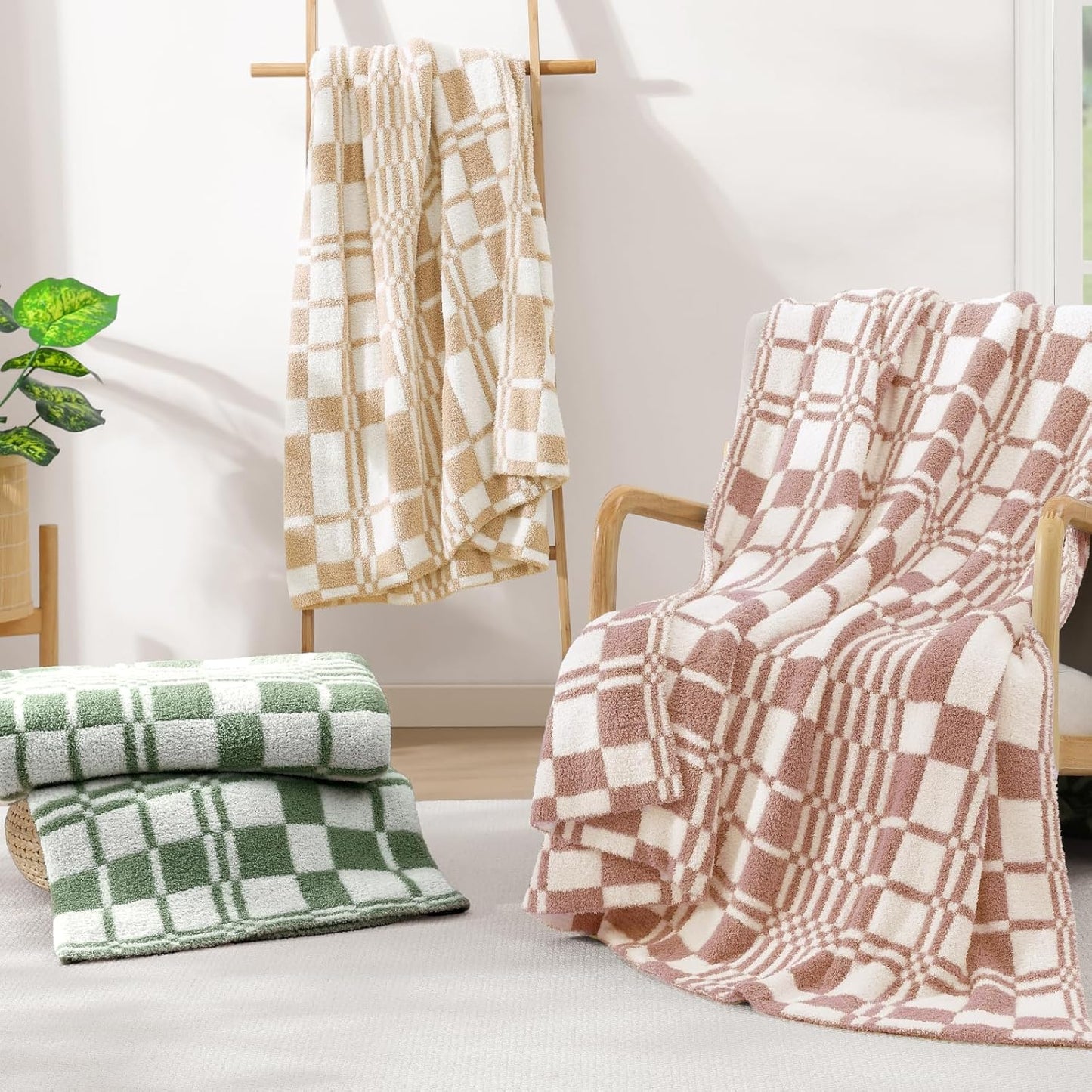 WRENSONGE Checkered Throw Blanket Clay Pink Soft Cozy Fluffy Warm Hand Made Weave Throw Blankets for Couch, Sofa, Chair, Bed, Camping, Picnic, Travel Lightweight Bed Blanket - 60"*80"