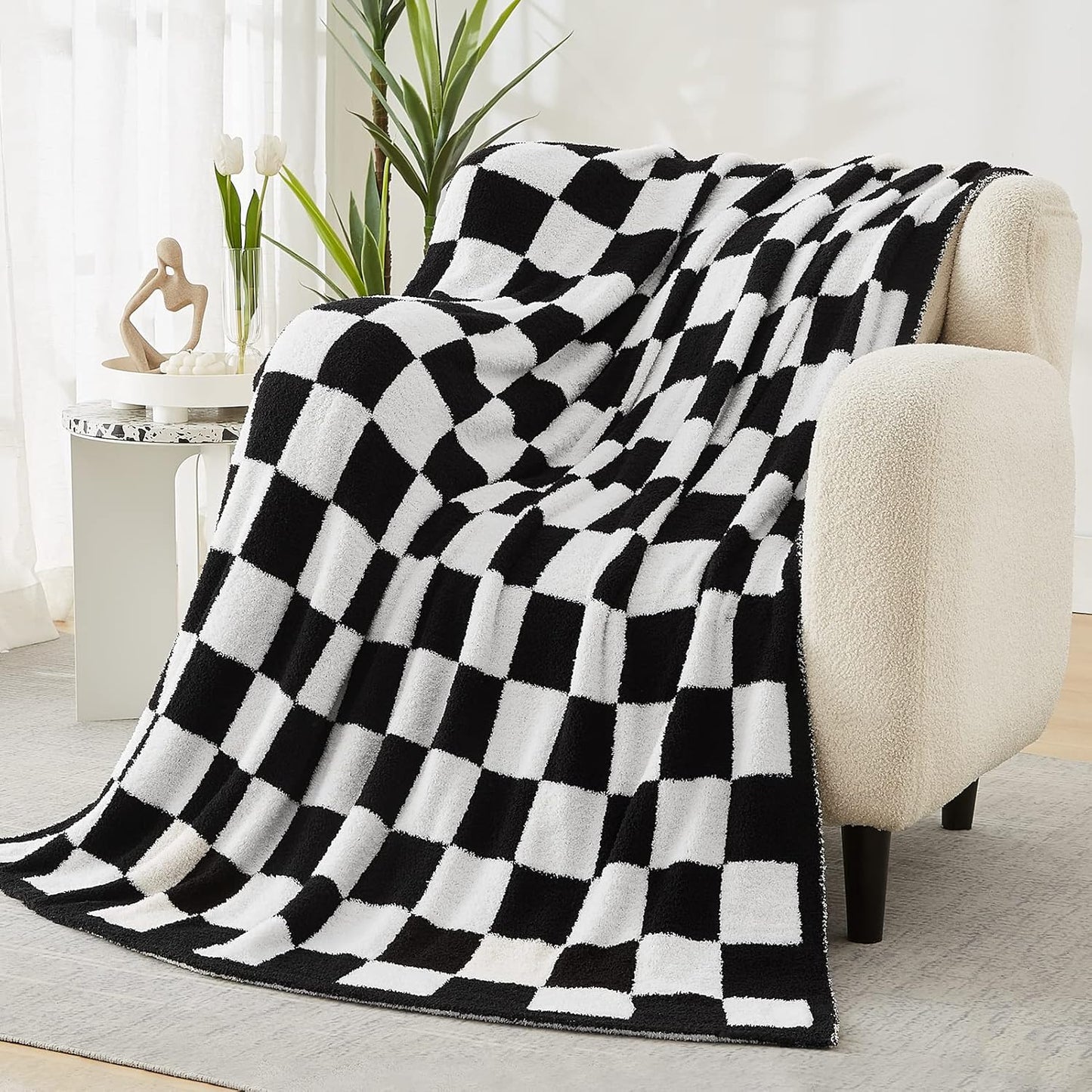 WRENSONGE Checkered Throw Blanket, Black and White Soft Cozy Fluffy Warm Hand Made Throw Blankets for Couch, Sofa, Chair, Bed, Camping, Picnic, Travel Lightweight Bed Blanket - 50"*70"