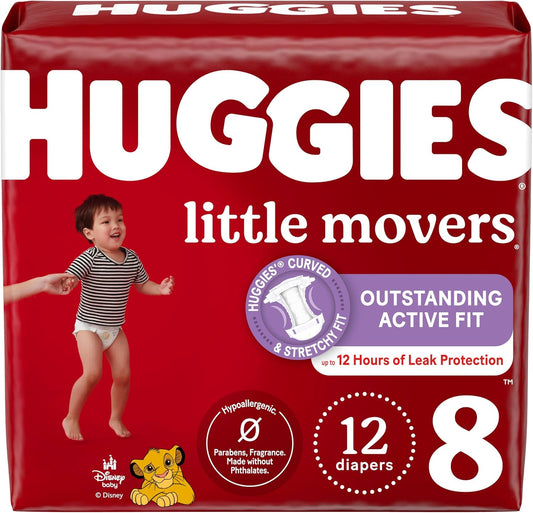 Huggies Size 8 Diapers, Little Movers Baby Diapers, Size 8 (46+ lbs), 12 Ct, Packaging May Vary