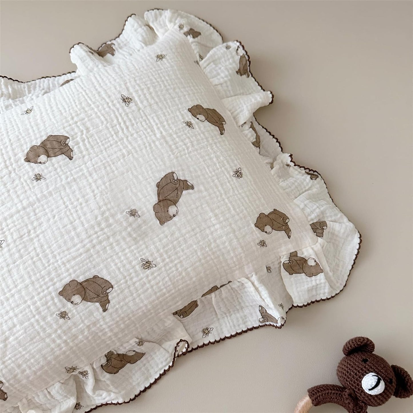 BuLuTu Cartoon Bear Muslin Pillowcase for Boys Girls Cute Animal Print Toddler Pillow Cases Soft Breathable Cotton Pillow Cover for Young Kids Bedding Nursery Decor,1 Piece, 20"x26"