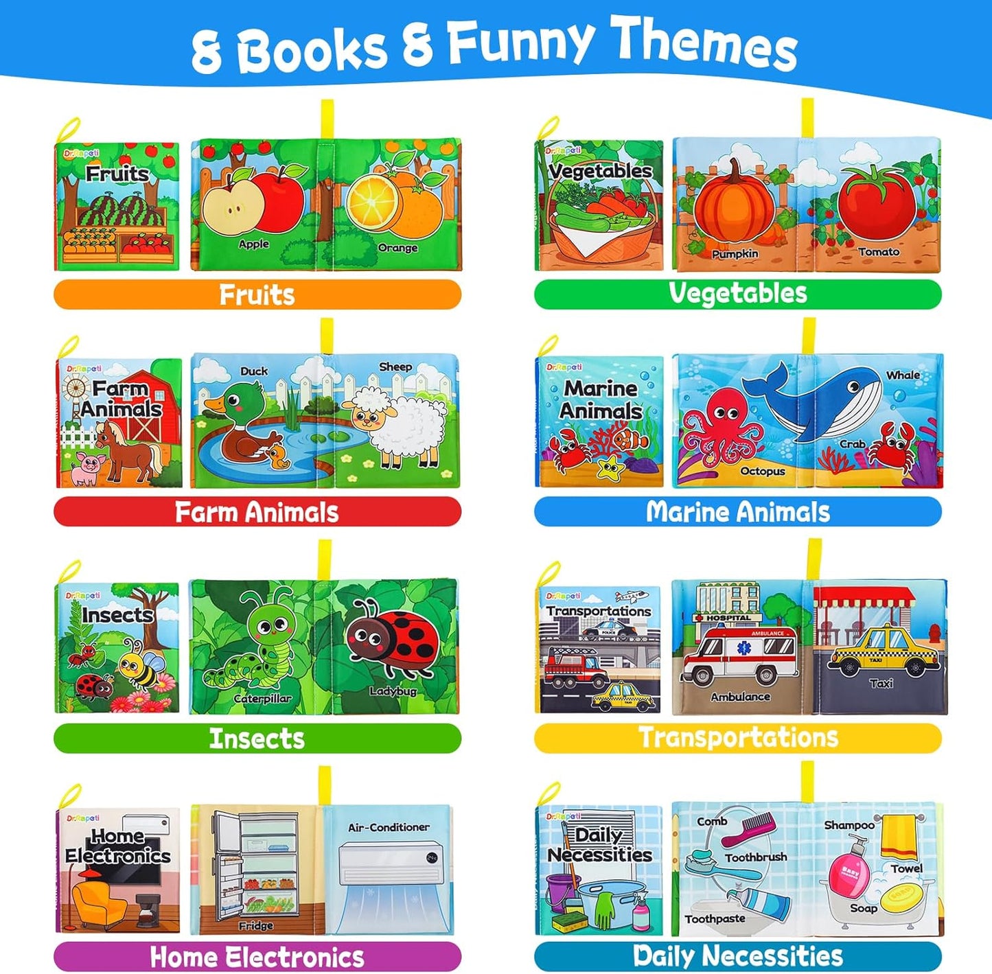 Dr.Rapeti Soft Cloth Books Baby Books Bath Books 8-Pack for Baby Infant Toddler Kid Crinkle Washable Chewable Early Educational Preschool Learning Giftable