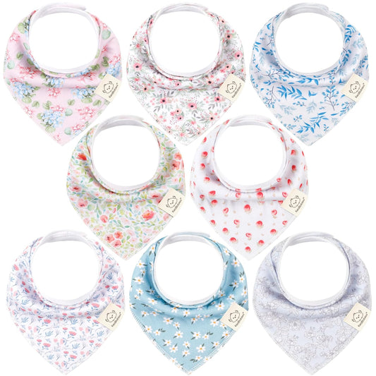 8-Pack Organic Baby Bandana Bibs for Girls - Super Absorbent Triangle Baby Bibs for Drooling and Teething Infant, 100% Cotton Extra Soft for Newborn, Infant 0-36 Months (Flourish)