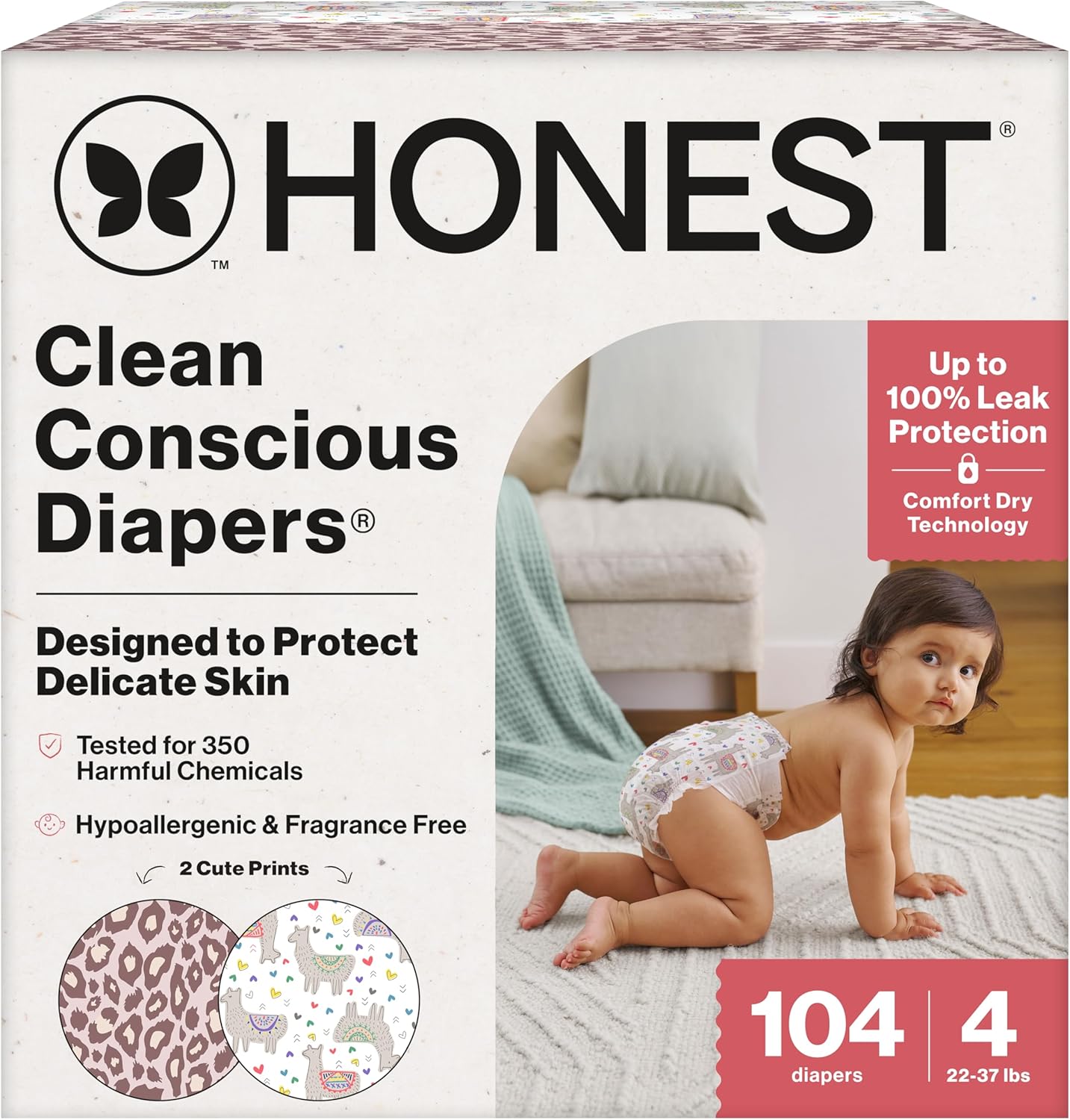 The Honest Company Clean Conscious Diapers for Delicate Skin | Up to 100% Leakproof | Hypoallergenic, Fragrance Free | Girl Prints | Super Club Box, Size 4 (22-37 lbs), 104 Count (Prints May Vary)