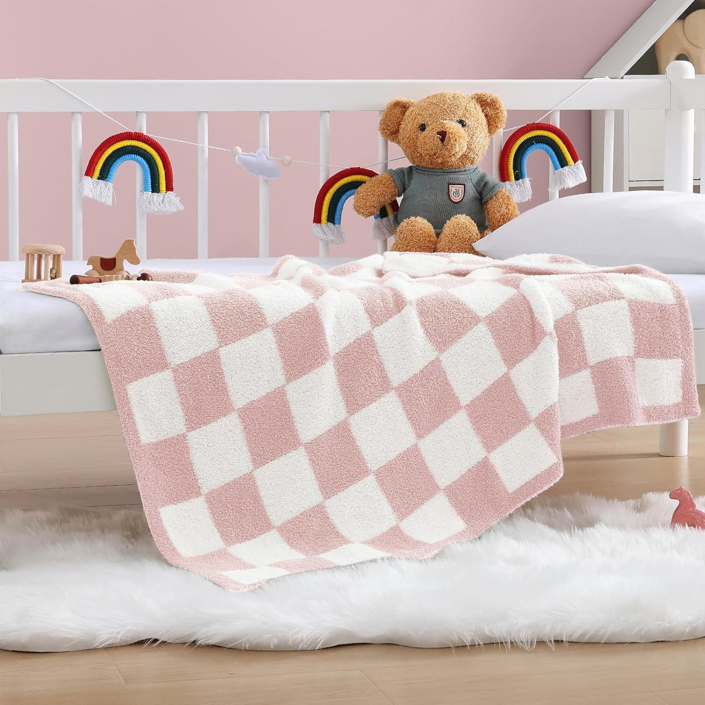 WRENSONGE Checkered Throw Blanket, Pink Microfiber Soft Cozy Fluffy Warm Hand Made Throw Blankets for Couch, Sofa, Chair, Bed, Camping, Picnic, Travel Lightweight Bed Blanket - 30"*40"