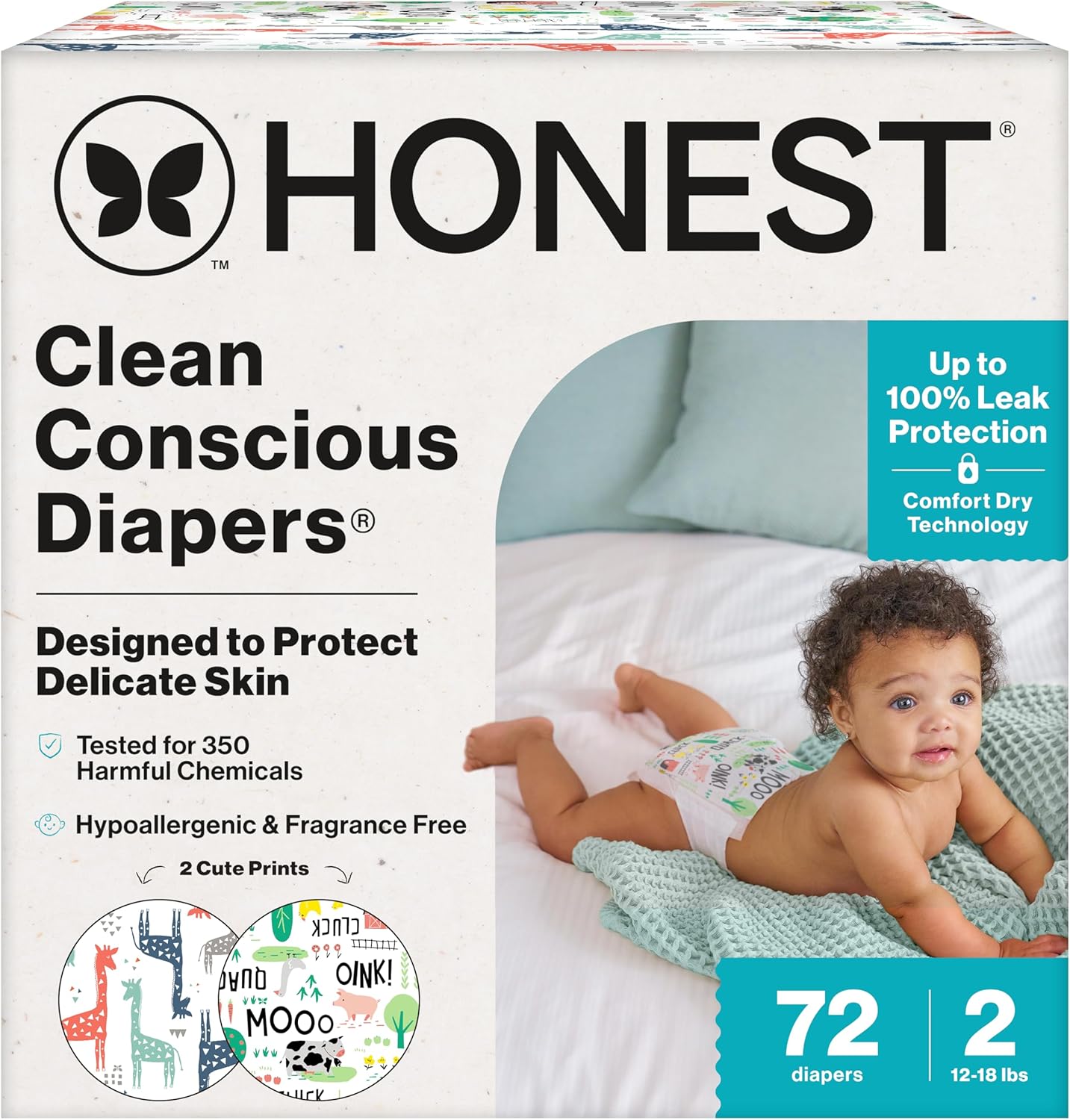 The Honest Company Clean Conscious Diapers for Delicate Skin | Up to 100% Leakproof | Hypoallergenic, Fragrance Free | Gender Neutral | Club Box, Size 2 (12-18 lbs), 72 Count (Prints May Vary)