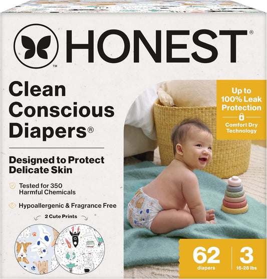 The Honest Company Clean Conscious Diapers for Delicate Skin | Up to 100% Leakproof | Hypoallergenic, Fragrance Free | Gender Neutral | Club Box, Size 3 (16-28 lbs), 62 Count (Prints May Vary)