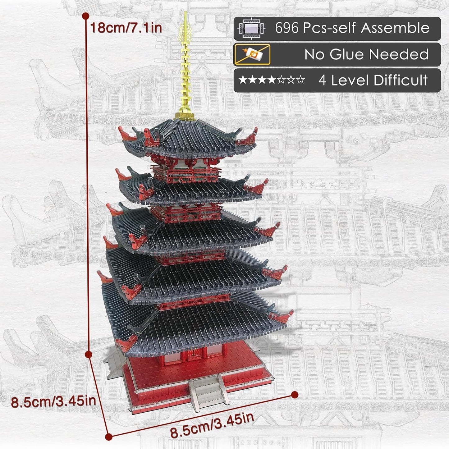 Piececool Metal 3D Puzzles for Adults, Five-storied Pagoda Model Kits, Challenging Japanese Architecture Building DIY Models Puzzles Desk Decoration Best Gifts for Boyfriend Dad