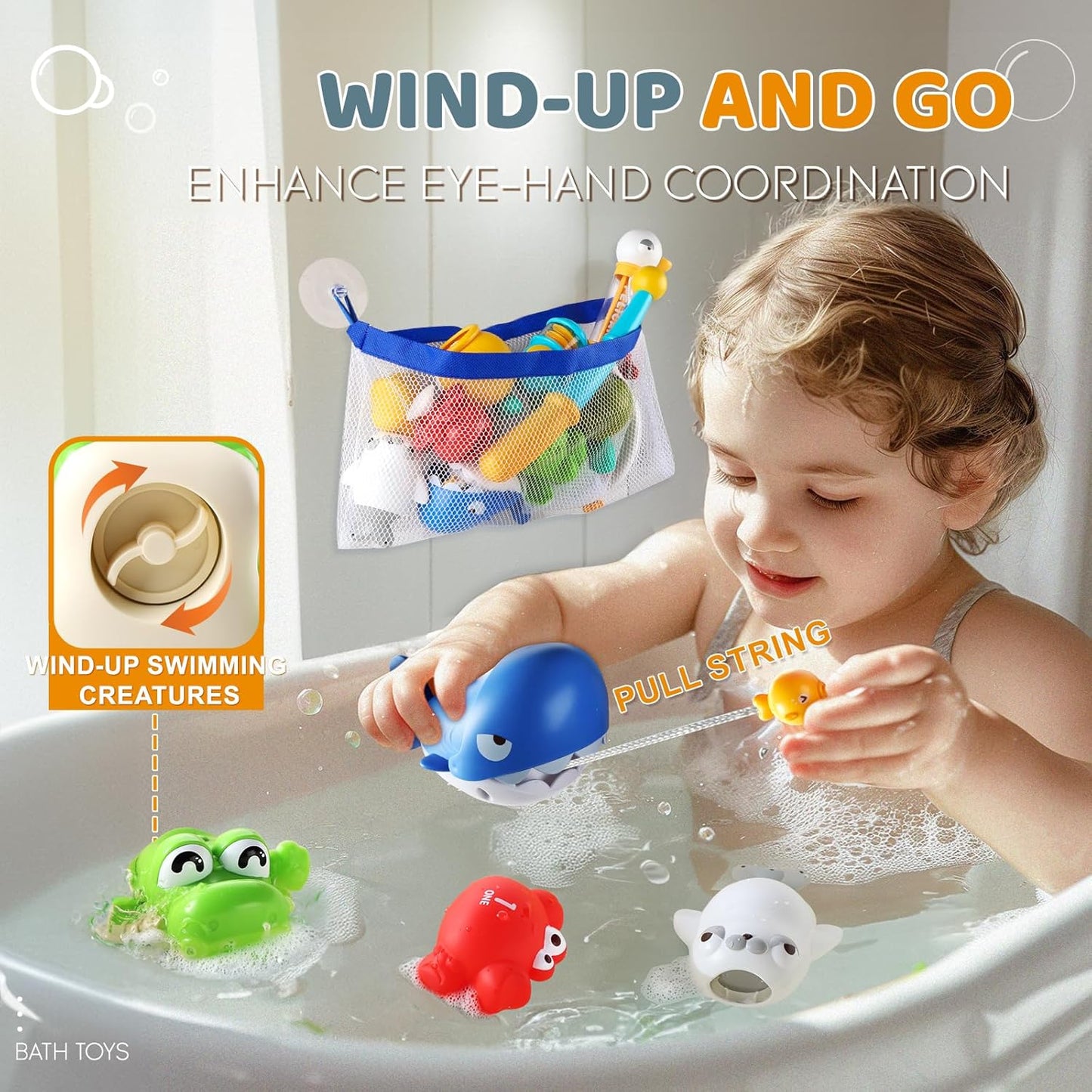 Bath Toys for Kids, Magnetic Fishing Toys with Storage Bag and Light up Star, Wind Up Creatures Baby Bathtub Birthday Gifts for Toddlers 2-4 Boys Girls, 11 Pcs Set