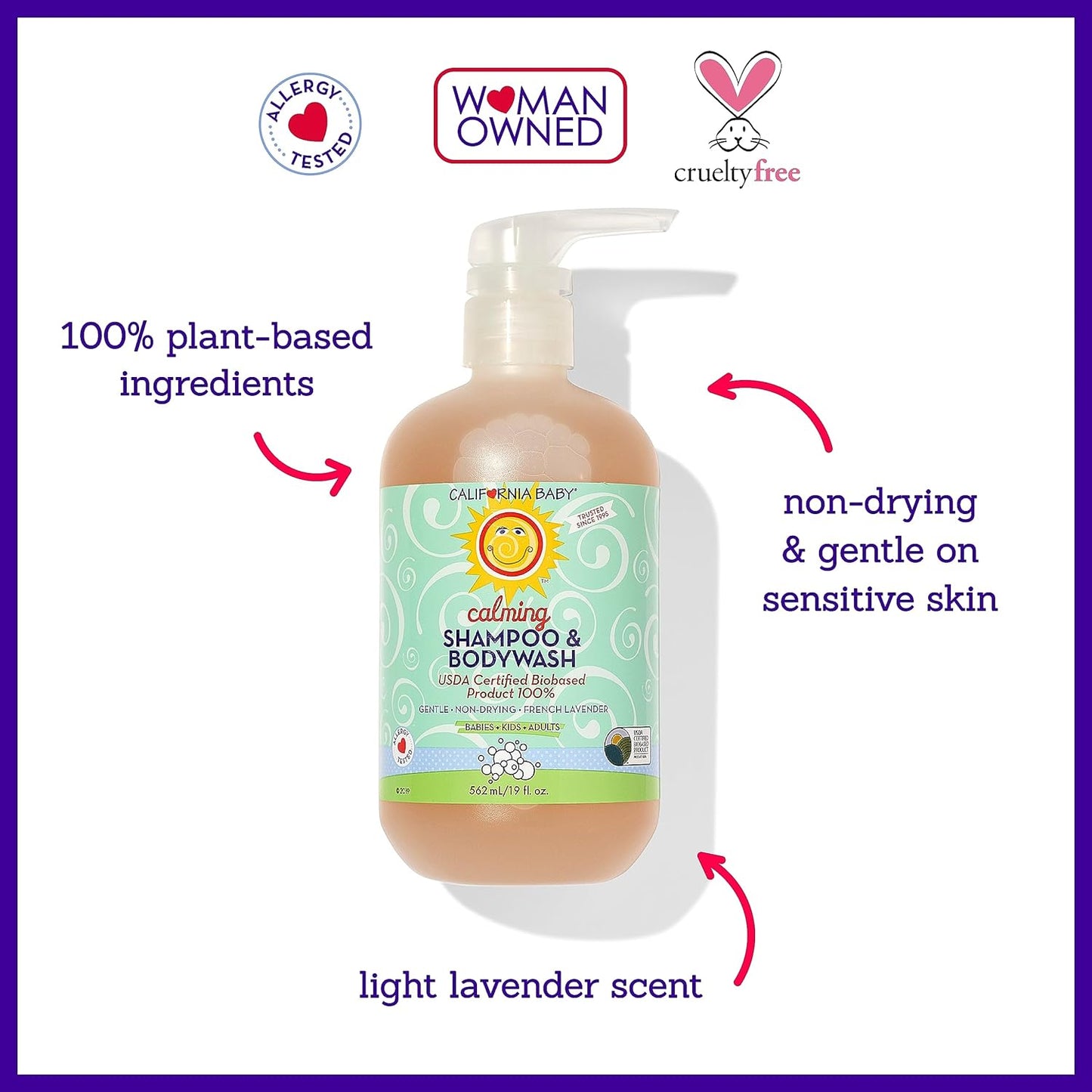 California Baby Calming Baby Shampoo + Baby Wash | 100% Plant-Based | Lavender Body Wash For Sensitive Skin | Hypoallergenic | 562 mL / 19 oz.