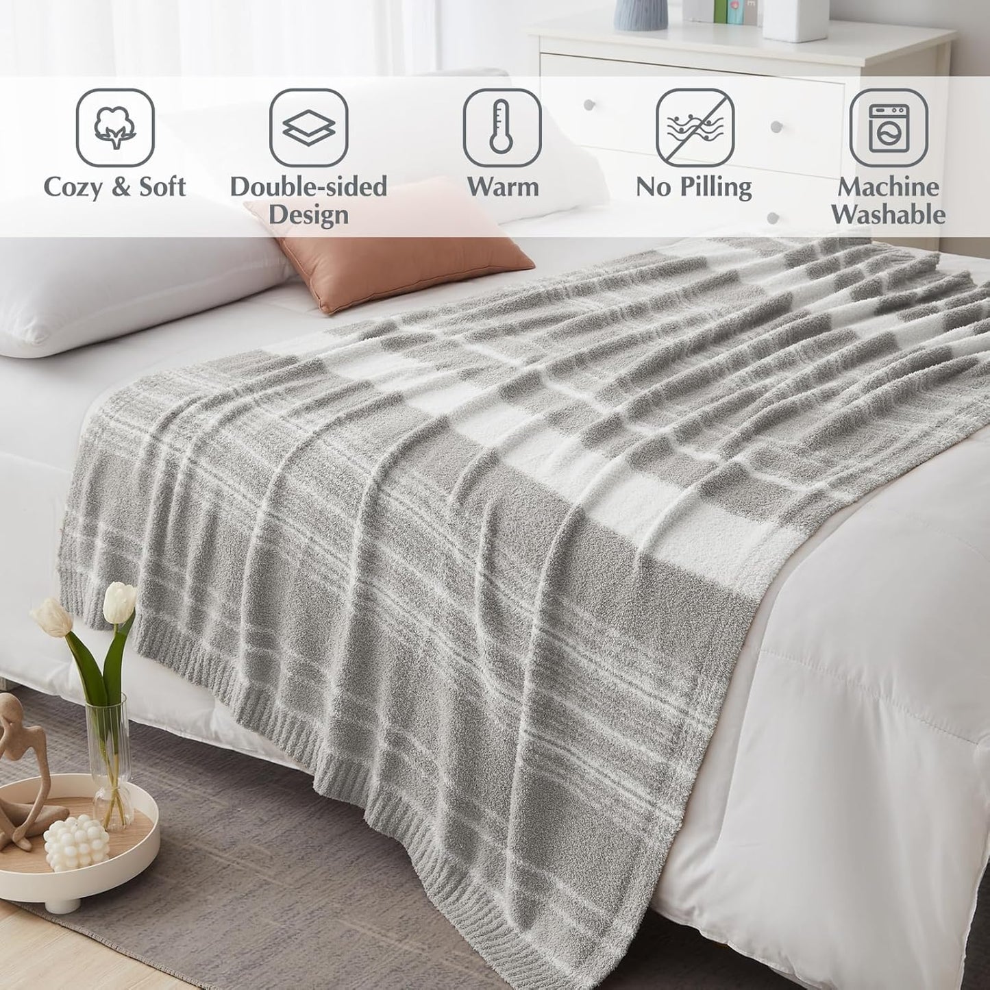 WRENGONGE Light Grey Throw Blanket, 50x70 Soft Cozy Striped Throw Blankets for Couch, Sofa, Bed, Travel, Lightweight Fluffy Warm Plush Decorative Blankets for Women, Men,Kids Gift