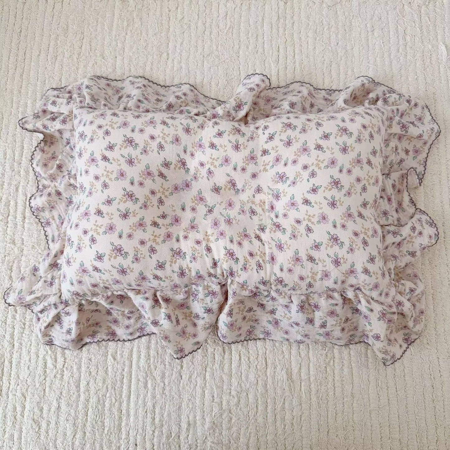 BuLuTu Purple Flower Print Kids Pillow Cases 20"x26" Fit for Standard Size Pillow, Soft Lightweight Muslin Pillow Cover 100% Cotton Floral Print Children Pillowcases with Ruffles, 1 pc