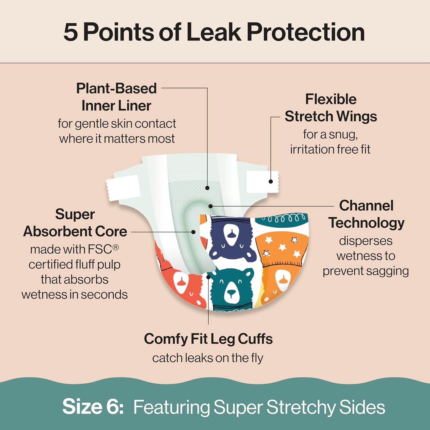 The Honest Company Clean Conscious Diapers for Delicate Skin | Up to 100% Leakproof | Hypoallergenic, Fragrance Free | Gender Neutral | Club Box, Size 6 (35+ lbs), 40 Count (Prints May Vary)