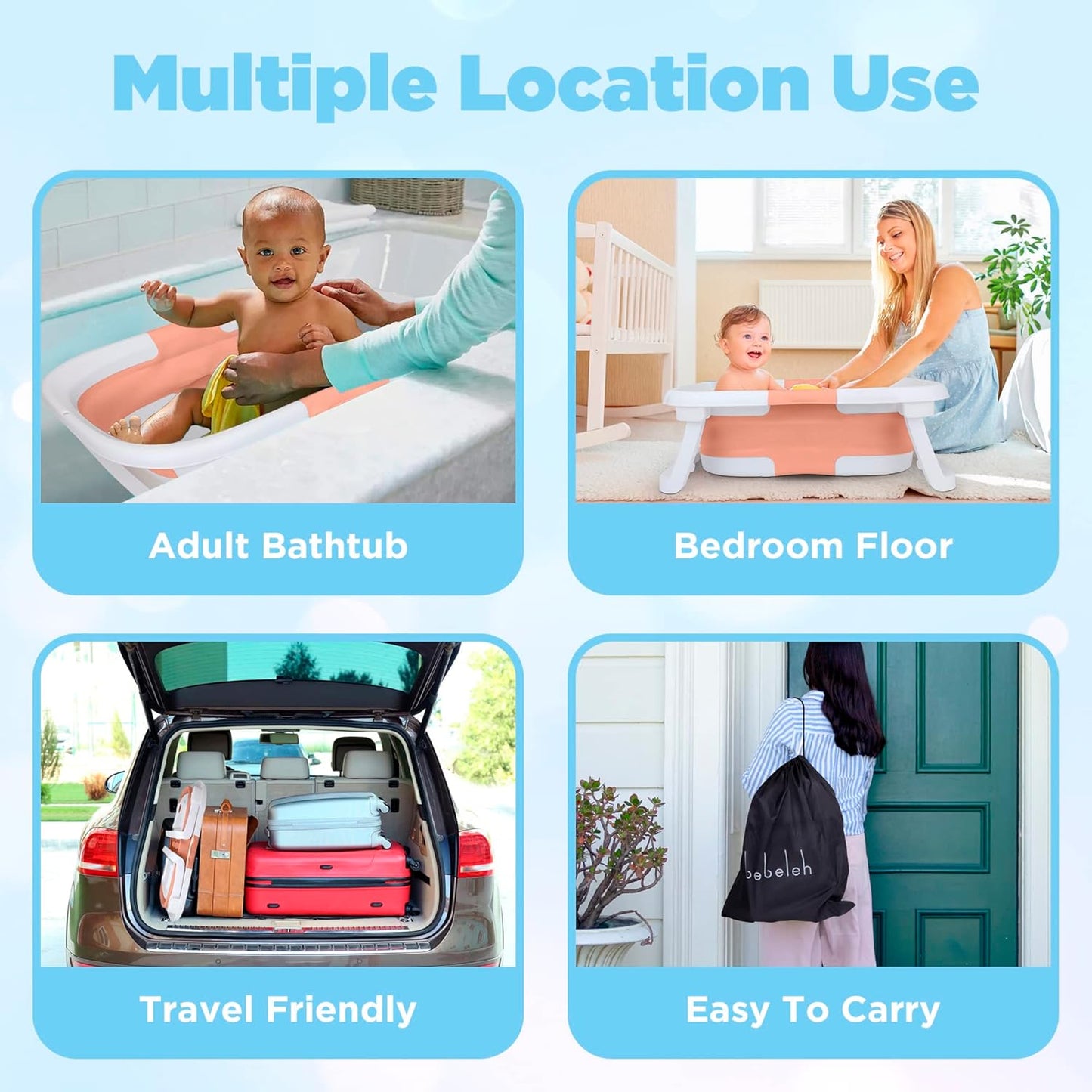 BEBELEH™ Collapsible Baby Bathtub with Thermometer – Bathtub + Baby tub Sling + Newborn Sling – Baby Bathtub Newborn to Toddler 0-24 Months – The Ultimate Baby Bath tub! (with Thermometer,Pink)