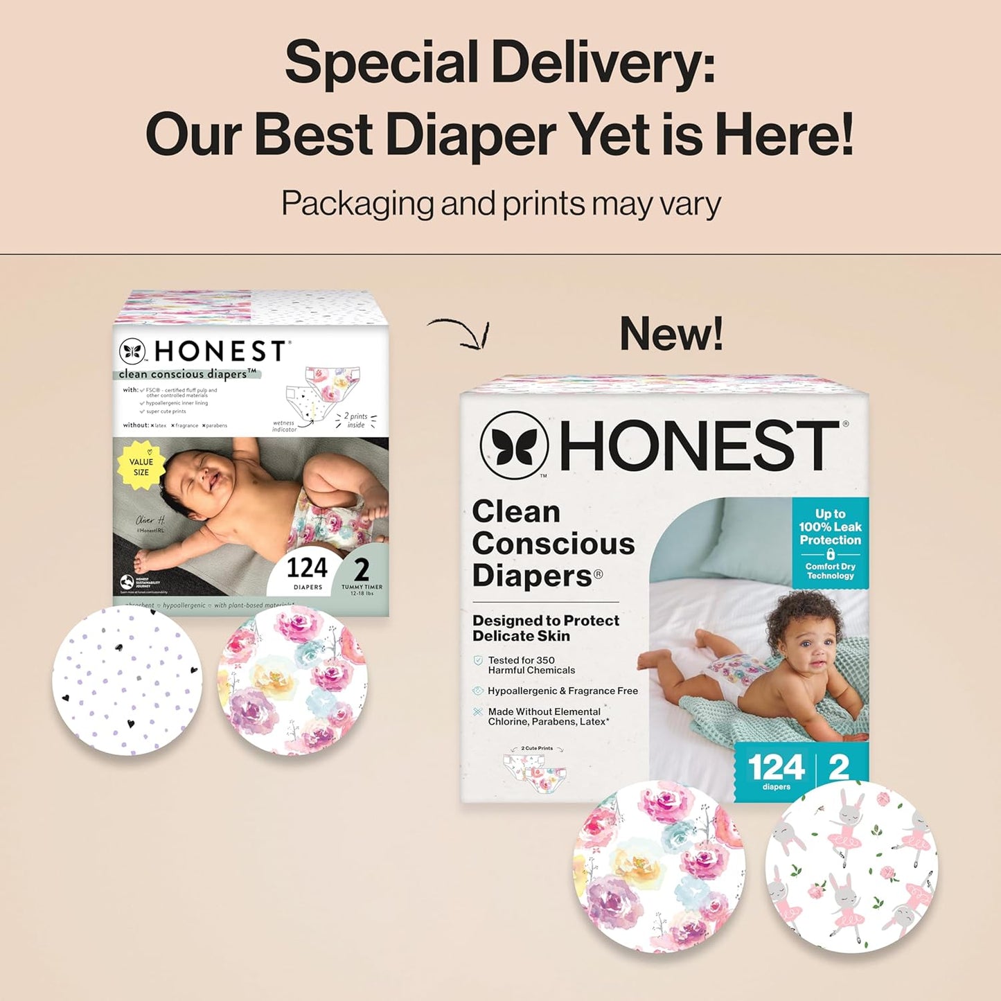 The Honest Company Clean Conscious Diapers for Delicate Skin | Up to 100% Leakproof | Hypoallergenic, Fragrance Free | Girl Prints | Super Club Box, Size 2 (12-18 lbs), 124 Count (Prints May Vary)