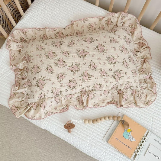 BuLuTu Muslin Cotton Toddler Pillowcases 14"x20", Shabby Chic Pink Floral Kids Pillow Cases Fit Toddler Pillow Sized 13"x18" Soft Children Pillow Covers for Girls Boys, Envelope Closure