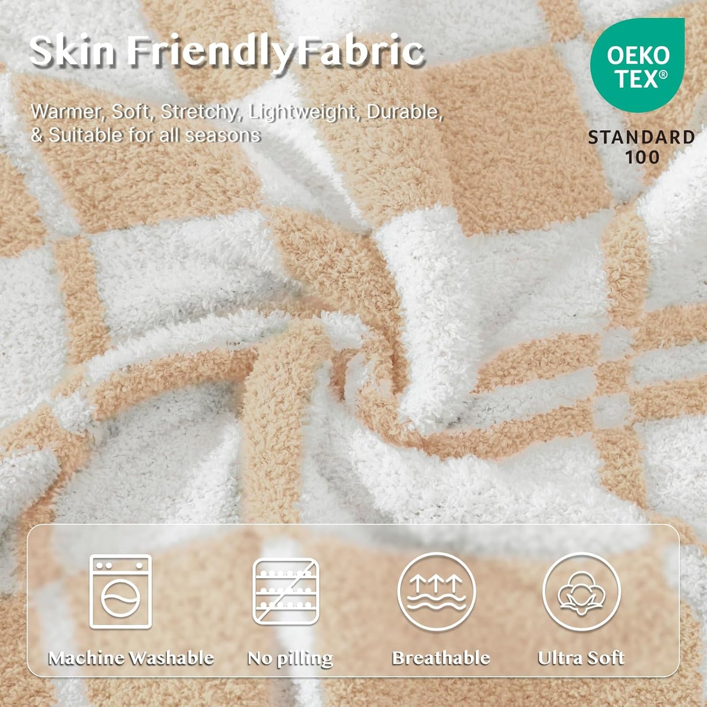 WRENSONGE Checkered Throw Blanket Toast Almond Soft Cozy Fluffy Warm Hand Made Weave Throw Blankets for Couch, Sofa, Chair, Bed, Camping, Picnic, Travel Lightweight Bed Blanket - 60"*80"