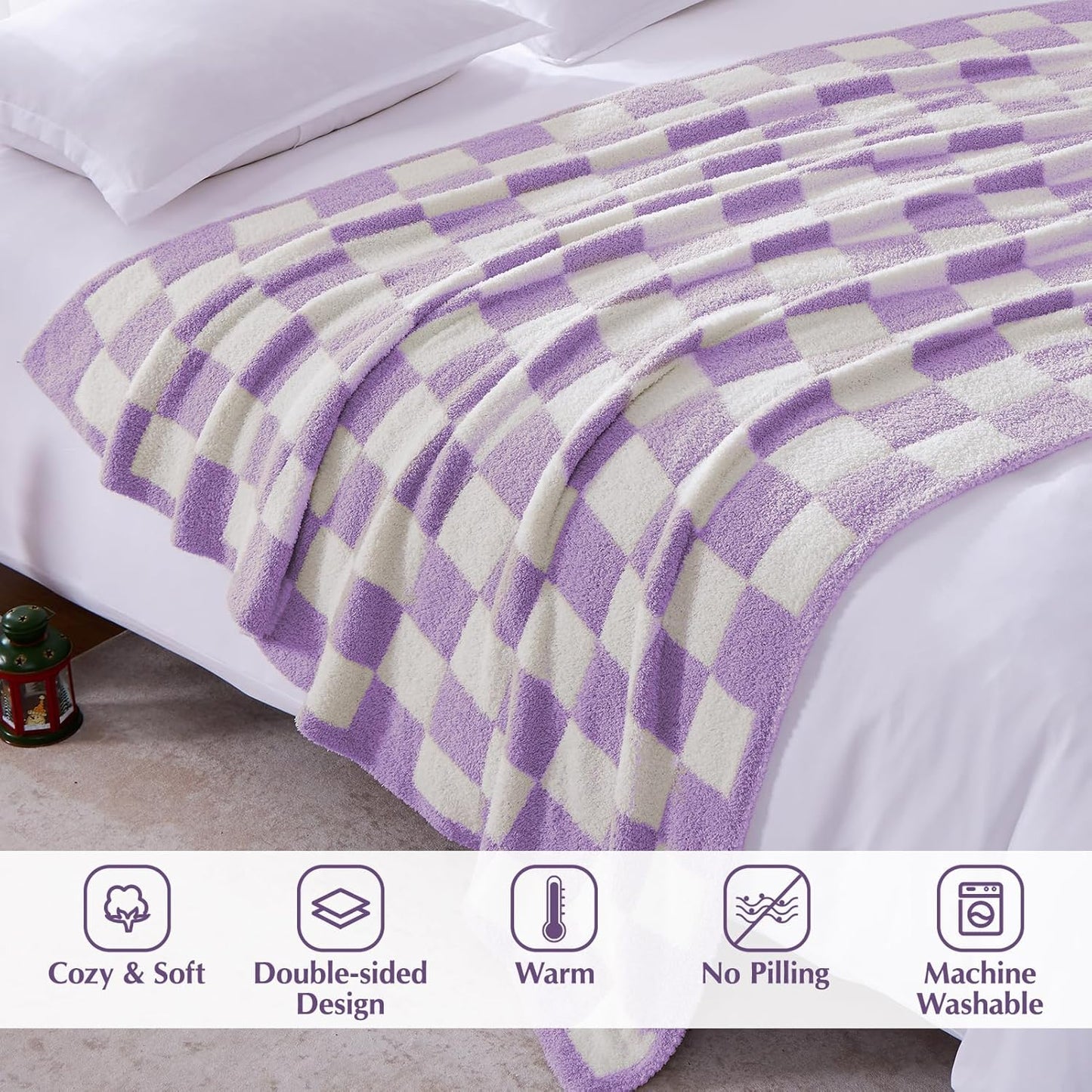 WRENSONGE Checkered Throw Blanket, Purple Soft Cozy Fluffy Warm Hand Made Throw Blankets for Couch, Sofa, Chair, Bed, Camping, Picnic, Travel Lightweight Bed Blanket - 50"*70"