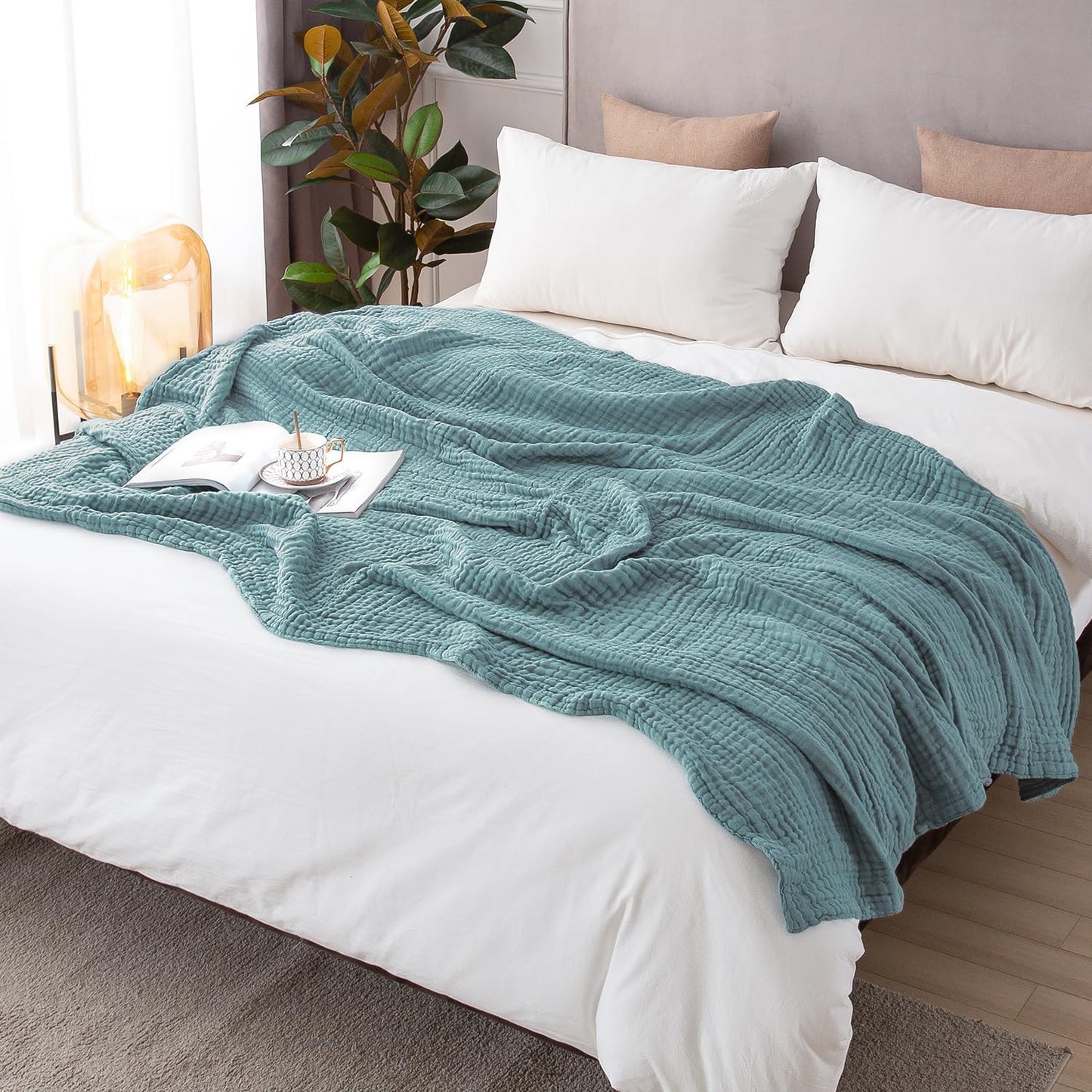 EMME Cotton Muslin Blanket King Size - Soft, Breathable Layering Bedspread Blanket, 108"x90", All Season Gauze, Teal