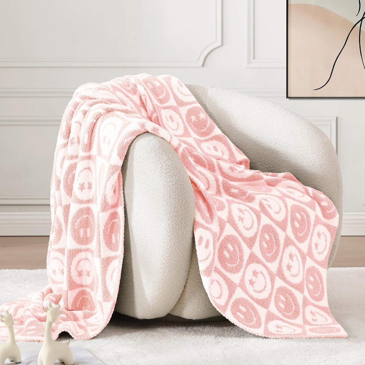 WRENSONGE Checkered Throw Blanket Blossom Smiling Face Soft Cozy Fluffy Warm Hand Made Throw Blankets for Couch, Sofa, Chair, Bed, Camping, Picnic, Travel Lightweight Bed Blanket - 50"*60"