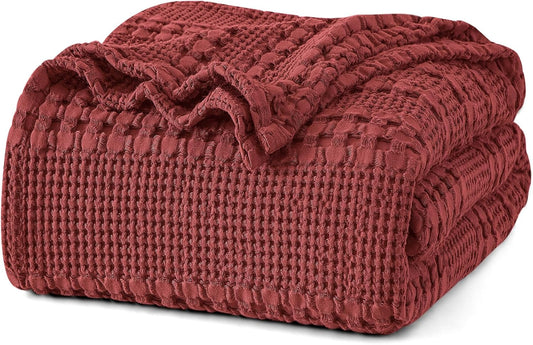PHF 100% Cotton Waffle Weave Blanket Twin Size, Soft Lightweight Breathable Cozy Summer Blankets for Bed, Luxury Aesthetic Woven Bedding for Home Decor, 66"x90", Wine Red