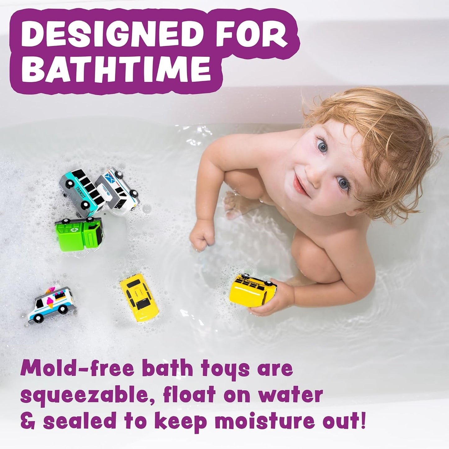Tub Works® Vehicles™ Bath Cars Mold Free Bath Toys, 6 Pack | Sealed, No Hole Bath Toys Design Keeps Moisture Out | Soft, Squeezable & Float on Water | Fun Baby & Toddler Bath Toys | City Car Bath Toys