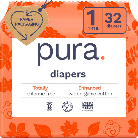 Pura Hypoallergenic Diapers, Size 1 (4-11 lbs), Newborn, Totally Chlorine Free, Wetness Indicator, Suitable for Sensitive Skin, Soft Organic Cotton Comfort, Overnight, 1 Pack of 32 Baby Diapers
