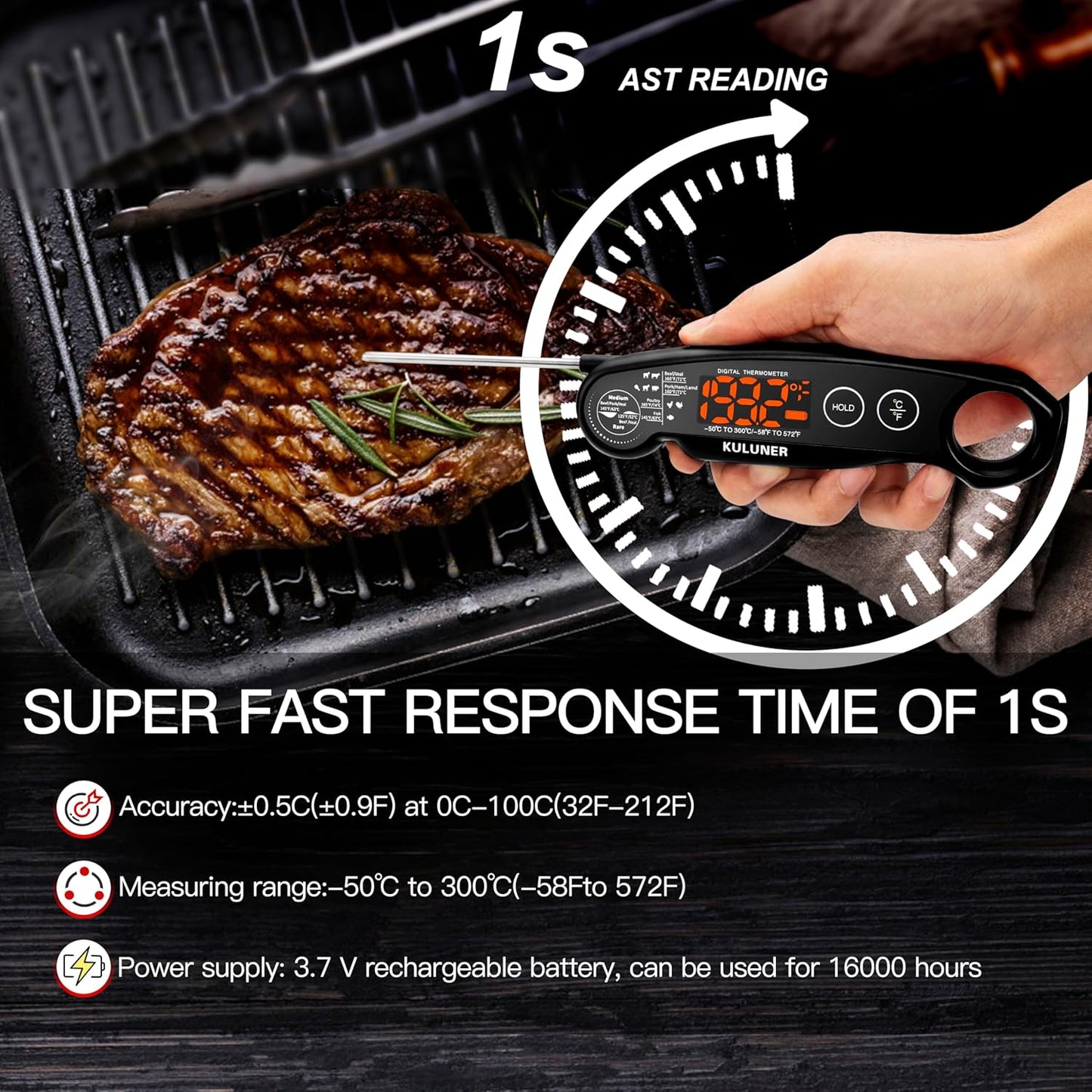 1-Second Rapid and Accurate Meat Thermometer - Waterproof Multifunctional Kitchen Food Thermometer, Ideal for Frying, Smoking, Grilling and More (Black)