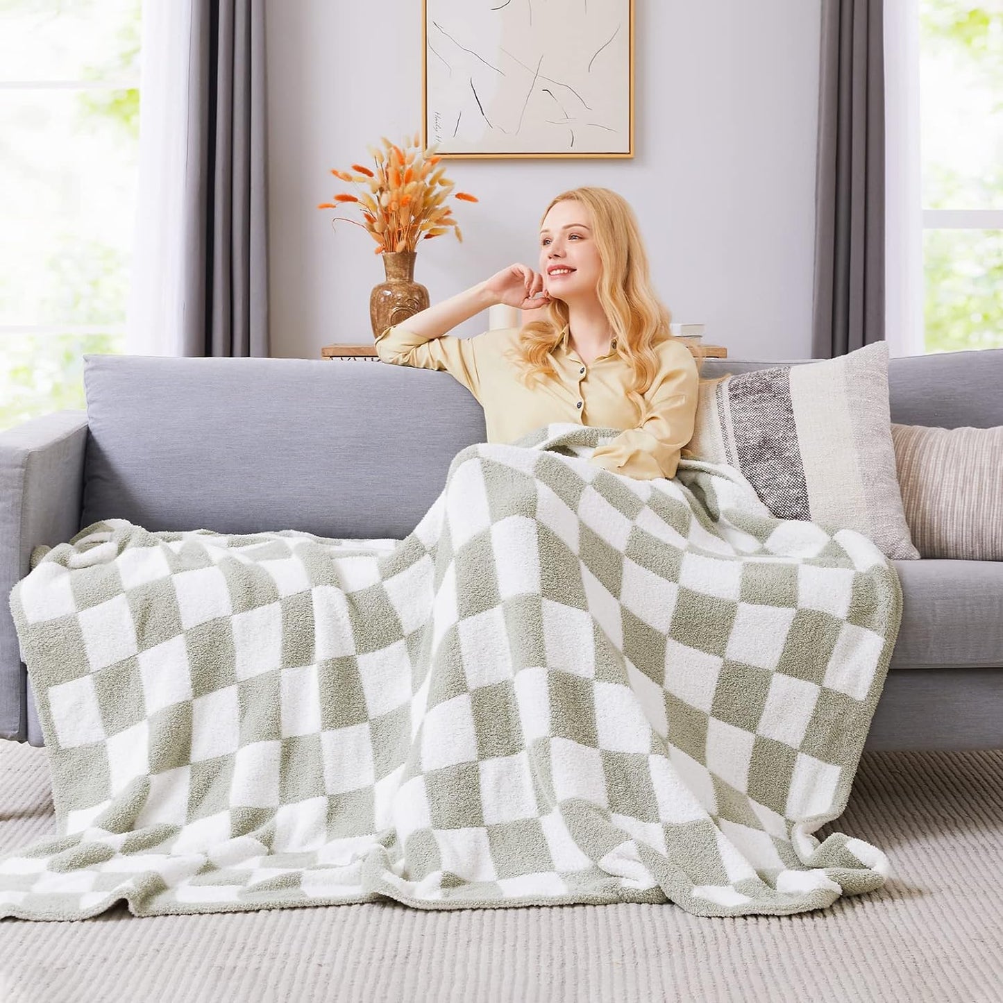 WRENSONGE Checkered Throw Blanket, Sage Green Soft Cozy Fluffy Hand Made Throw Blankets for Couch, Sofa, Chair, Bed, Camping, Picnic, Travel Lightweight Bed Blankets for Women Mothers Birthday Gifts