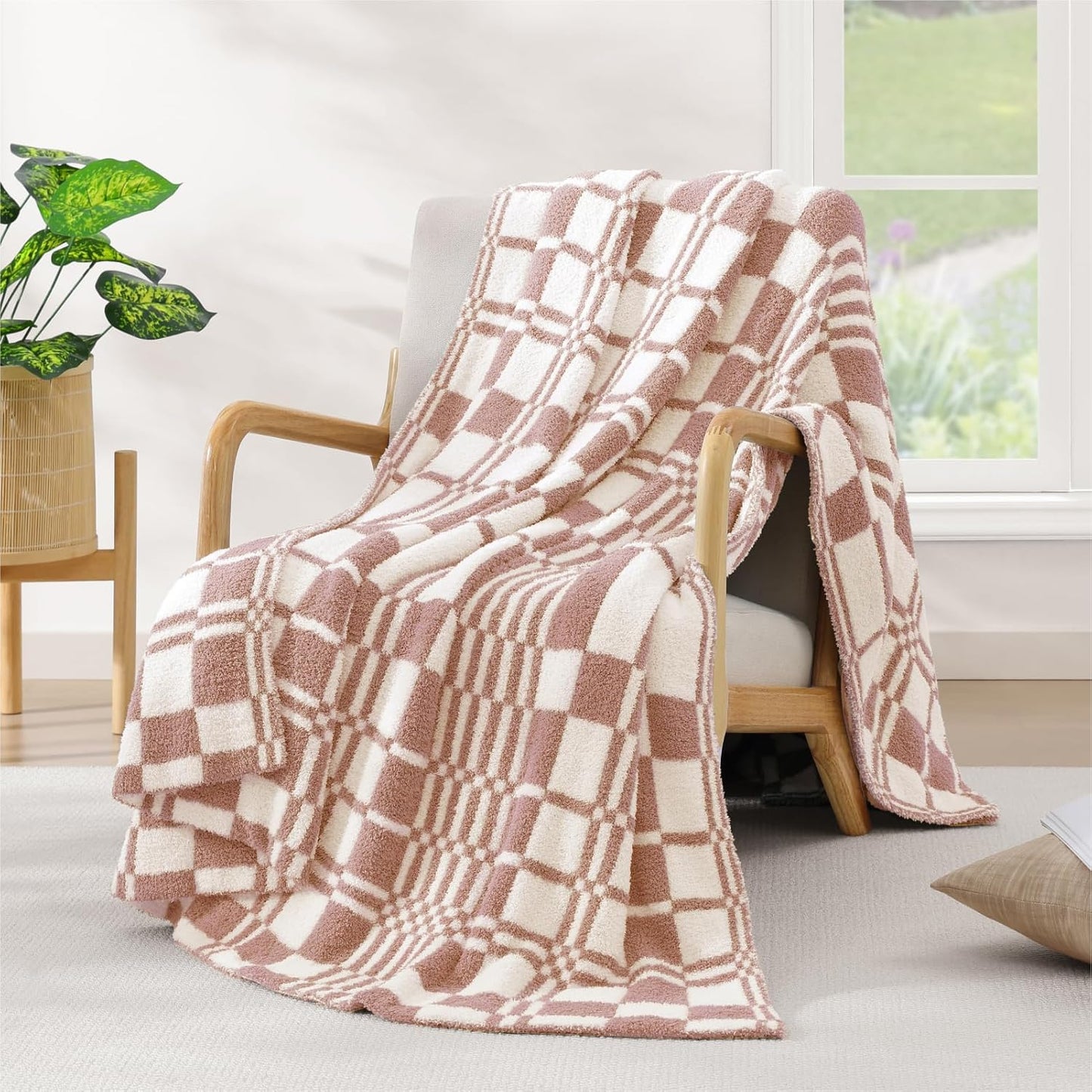 WRENSONGE Checkered Throw Blanket Clay Pink Soft Cozy Fluffy Warm Hand Made Weave Throw Blankets for Couch, Sofa, Chair, Bed, Camping, Picnic, Travel Lightweight Bed Blanket - 60"*80"