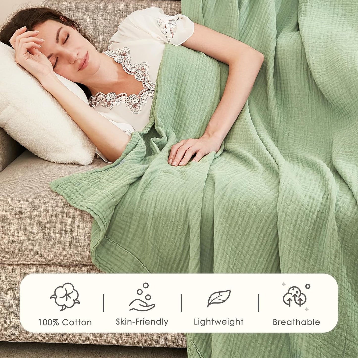 EMME Cotton Blanket Twin XL for Bed Soft Muslin Blankets 66"x90" Lightweight Breathable Layering Bedspread Coverlet All Season Gauze, Sage Green