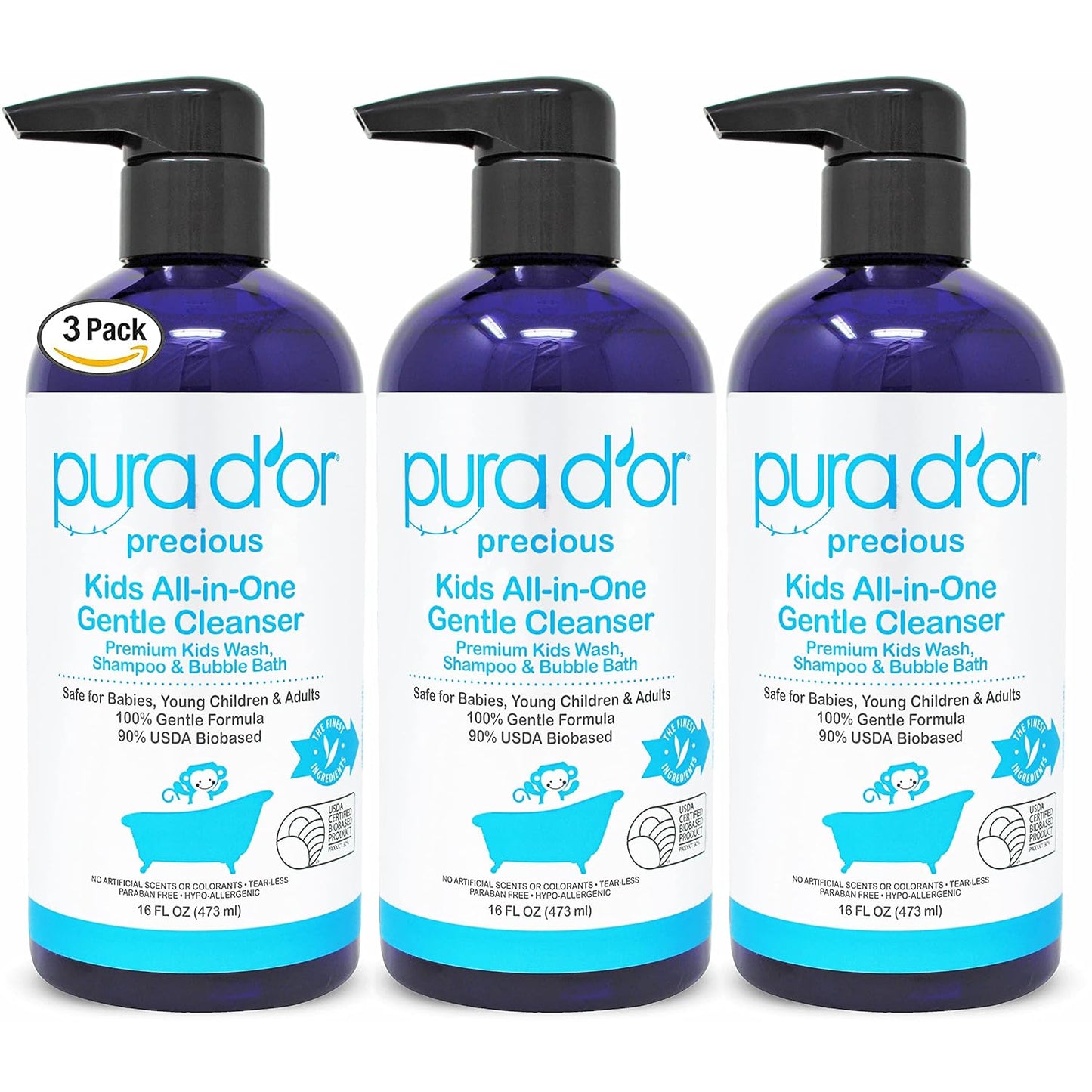PURA D'OR Kids Wash (16oz x 3 = 48oz) All-in-One Gentle Cleanser - USDA Biobased, Sulfate-Free, Tear-Less, Hypoallergenic, Premium, Shampoo & Bubble Bath