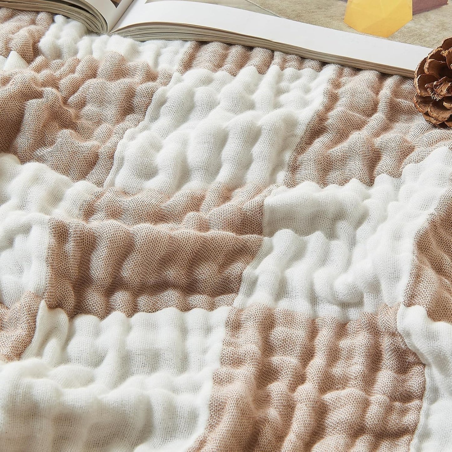 EMME Checkered Cotton Blanket Twin Large 60"x80" 100% Muslin for Couch Breathable Cooling Gauze All Season Soft and Lightweight Pre-Washed (Light Tan)