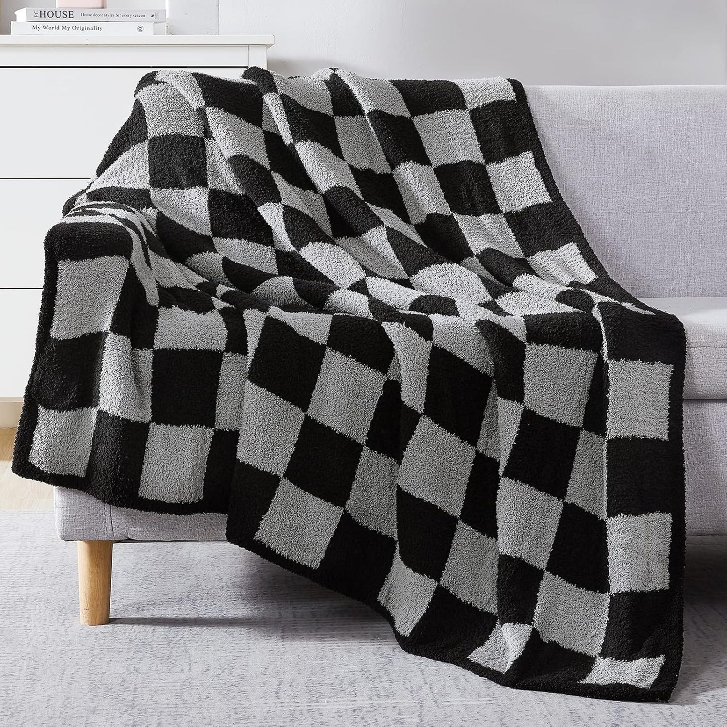 WRENSONGE Checkered Throw Blanket, Black Grey Checkered Soft Cozy Fluffy Warm Hand Made Throw Blankets for Couch, Sofa, Chair, Bed, Picnic,Travel Lightweight Bed Blankets for Men