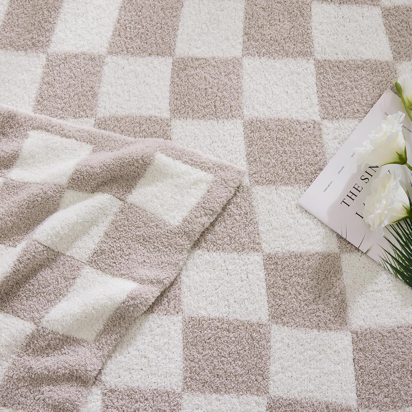 WRENSONGE Checkered Throw Blanket, Taupe Soft Cozy Fluffy Warm Hand Made Throw Blankets for Couch, Sofa, Chair, Bed, Camping, Picnic, Travel Lightweight Bed Blanket - 50"*70"