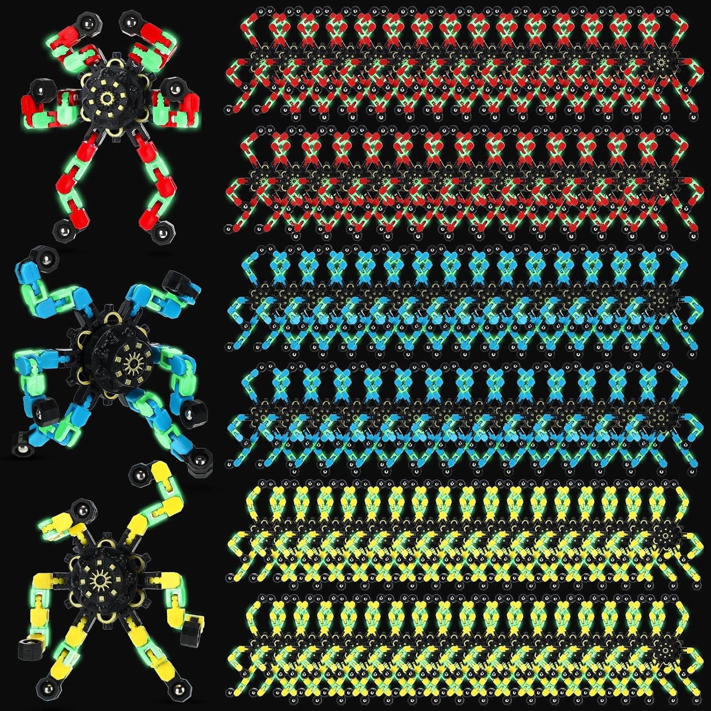100 Pcs Funny Sensory Fidget Toy Bulk Transformable Chain Robot Finger Toys Fidget Spinners Stress Relief Fingertip Gyro Deformable Mechanical Spiral Twister Spinner Toy for Adult Kids ADHD (Glow)